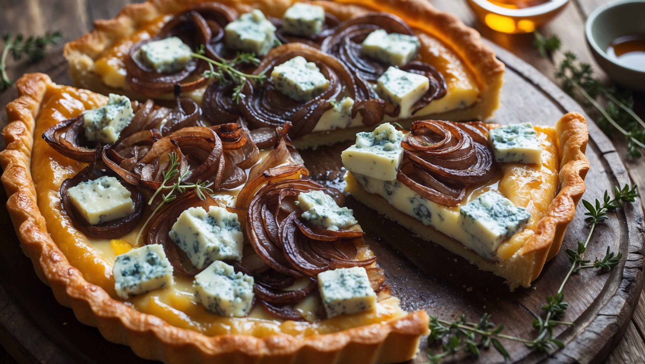 An overhead shot of a golden-brown tart on a rustic wooden board, with a slice being lifted to reveal layers of deeply caramelized onions nestled beneath a creamy custard speckled with melting blue cheese. Soft natural light accentuates the glistening surface and flaky pastry edge, while scattered fresh thyme sprigs and a small bowl of honey provide styling elements. The contrasting colors—amber onions, creamy filling, and the distinctive blue veins of the cheese—create visual drama against the burnished crust, with visible steam suggesting it's freshly baked.