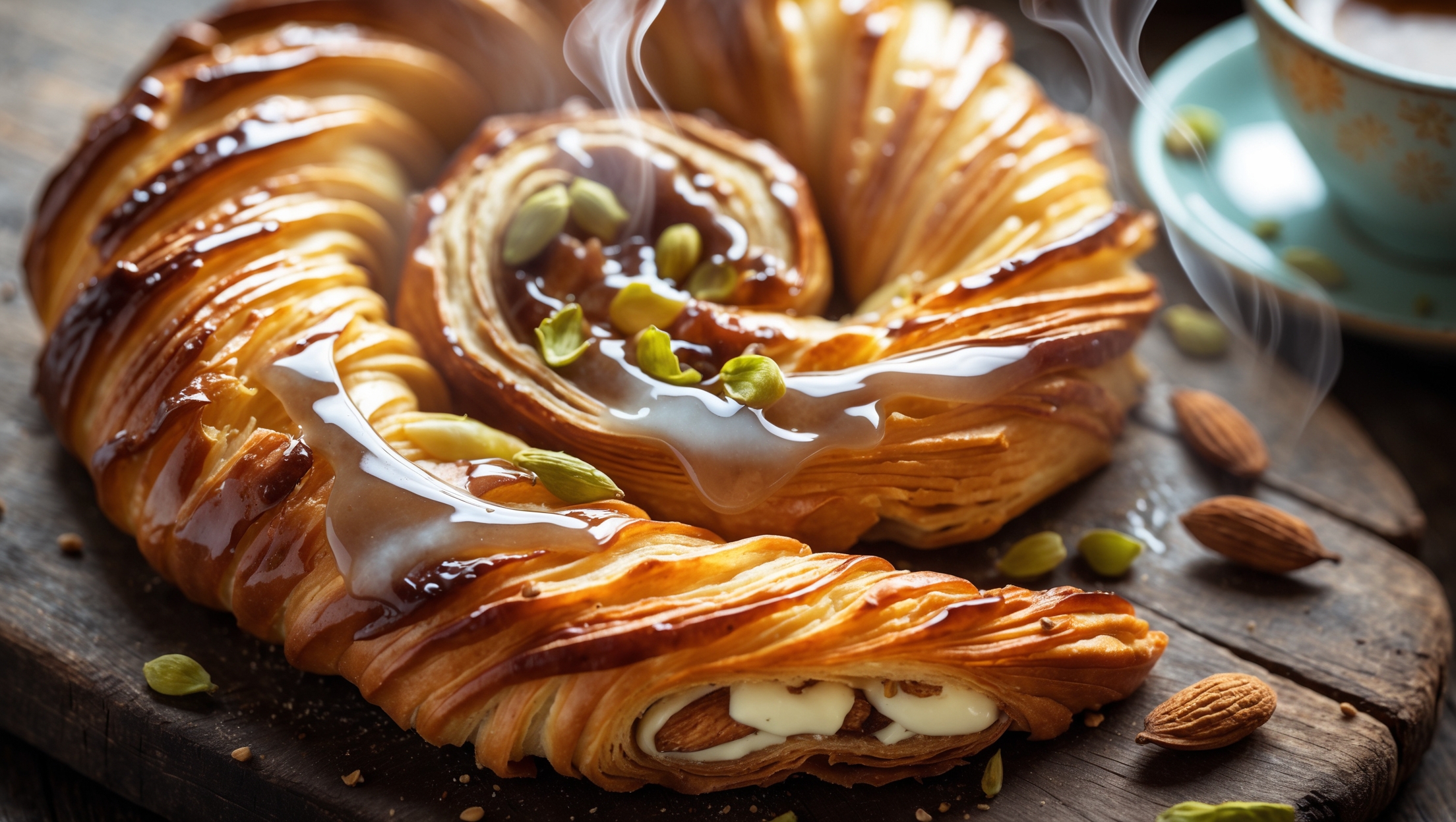 An overhead shot showcases a spiral-shaped cardamom Danish with visible layers of golden flaky pastry, its edges caramelized to a deep amber. A cross-section reveals delicate lamination and a creamy almond filling speckled with cardamom. Soft natural light highlights the shiny glaze drizzled artfully across the top, with tiny cardamom pods and slivered almonds scattered nearby for context. The Danish rests on a rustic wooden board, accompanied by a vintage cup of coffee, creating steam that suggests warmth and invites immediate tasting. The contrast between the pastry's crisp exterior and visible soft interior creates a compelling texture story.