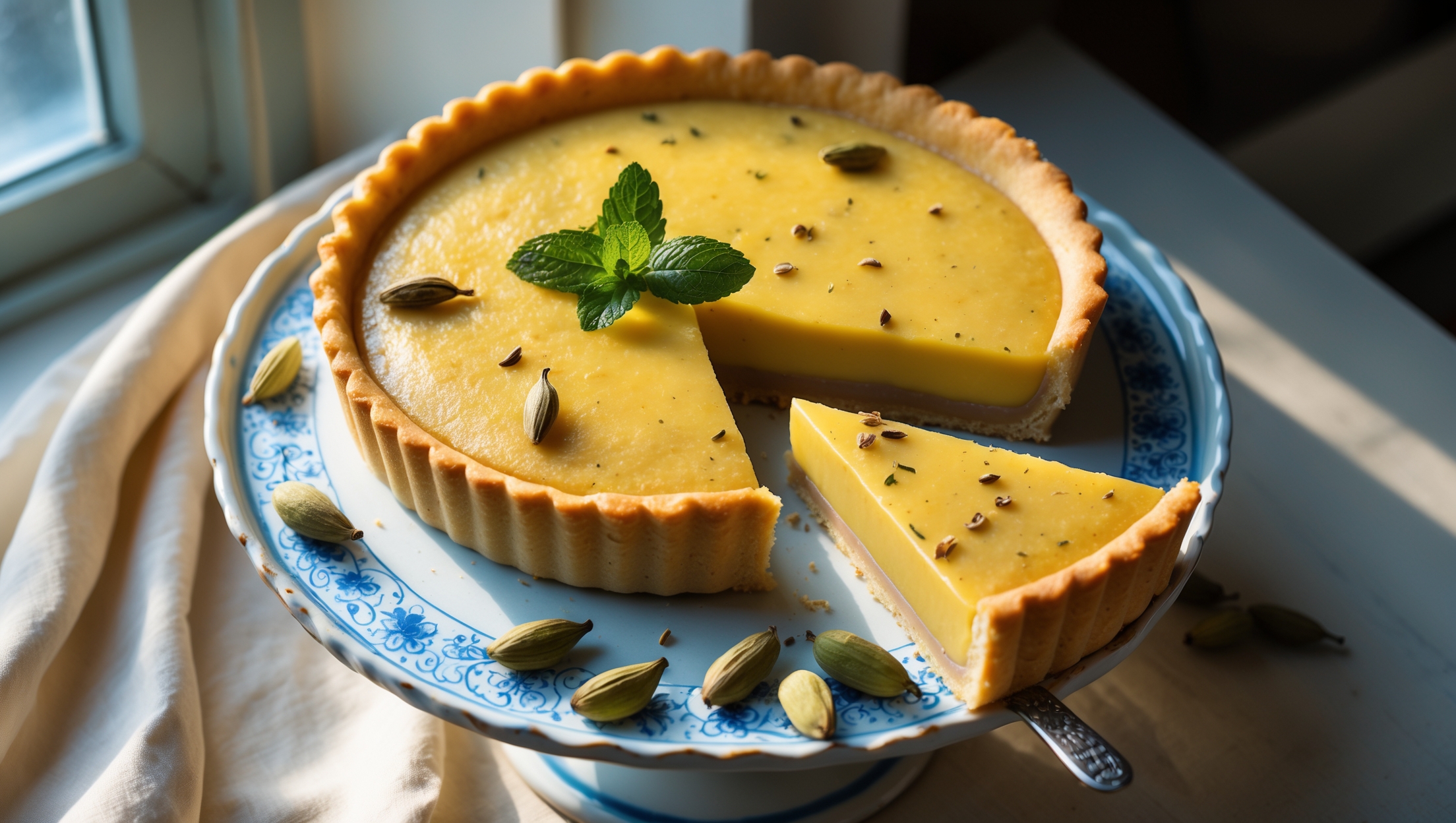 An overhead shot captures the Cardamom Custard Tart resting on a vintage ceramic cake stand with intricate blue patterns. Soft natural light streams through a nearby window, highlighting the tart's golden-yellow surface with a slight shimmer. The cross-section reveals a perfect ratio of crisp, buttery pastry to silky custard filling flecked with tiny cardamom specks. Several whole cardamom pods and a small bouquet of fresh mint leaves are artfully scattered around the base. A single slice has been removed, showing the clean-cut edge and beautifully set custard that holds its shape while maintaining a luscious wobble. The warm amber tones of the custard contrast beautifully with the pale beige pastry crust.