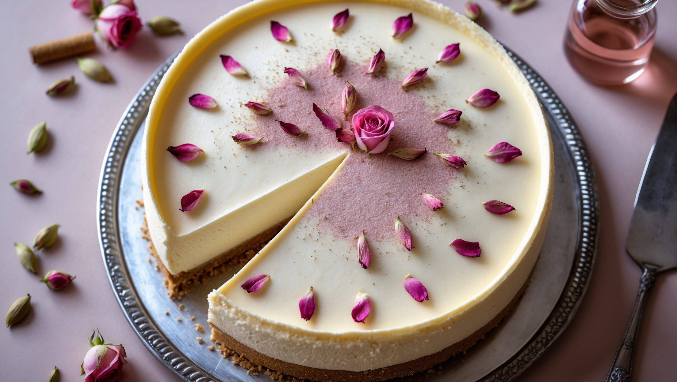 An overhead shot of a perfectly set cardamom rose cheesecake with a golden graham cracker crust visible at the base. The cream-colored filling has a silky smooth surface with a slight blush pink hue, adorned with crystallized rose petals and a light dusting of ground cardamom creating a radial pattern. Captured in soft natural light, the cheesecake sits on an ornate silver cake stand against a backdrop of scattered cardamom pods, dried rose buds, and a small glass bottle of rose water. A single slice has been removed, revealing the luscious, dense texture within that holds its shape while appearing gloriously creamy.