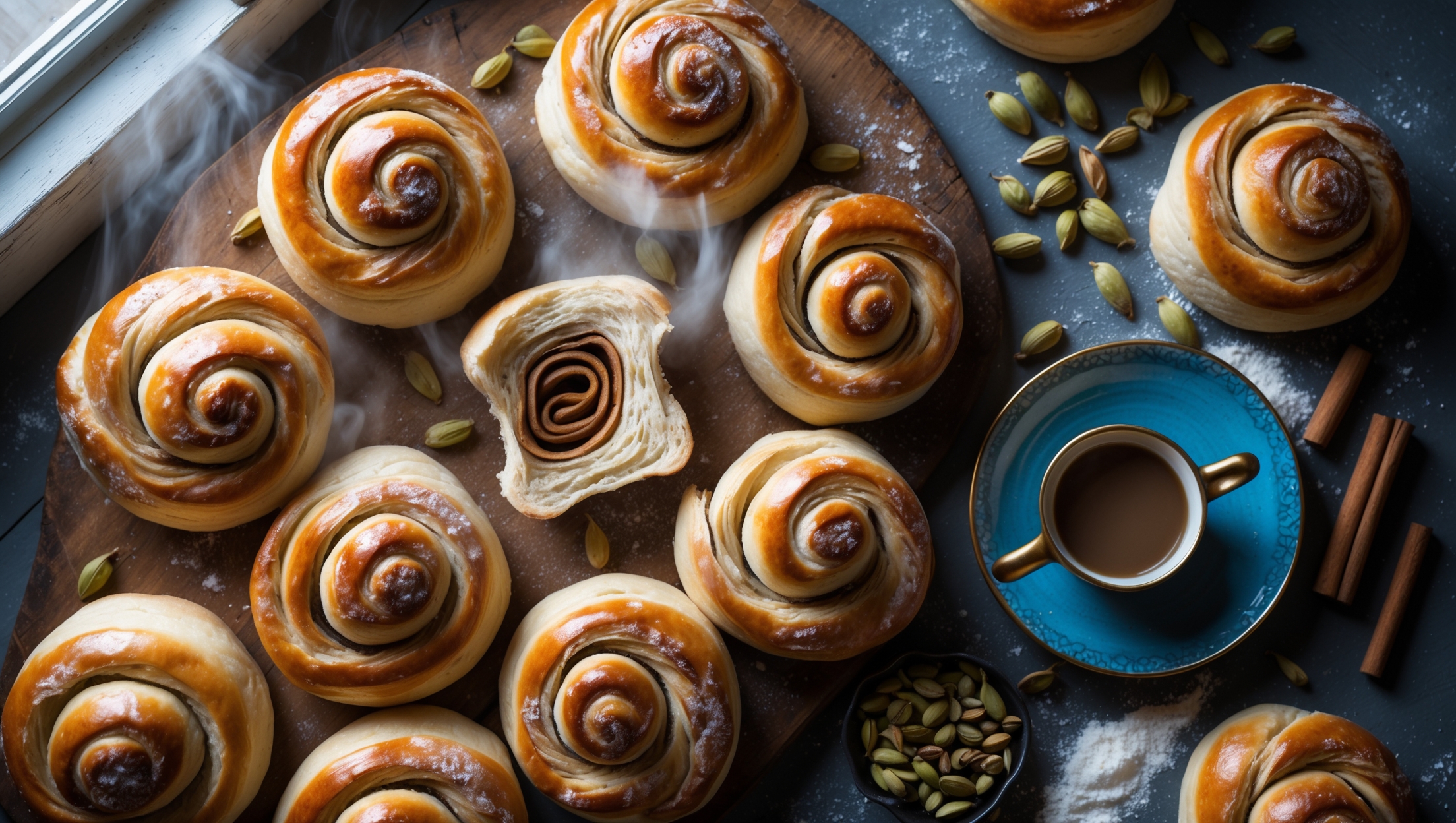An overhead shot of twisted cardamom buns arranged on a rustic wooden board, their golden-brown tops glistening with pearl sugar. Natural light streams through a nearby window, highlighting the intricate swirls and folds of each bun. A cross-section reveals soft, pillowy layers with caramelized cardamom-cinnamon filling winding through the dough. In the background, a scattered arrangement of whole cardamom pods, cinnamon sticks, and a dusting of flour adds context. Steam visibly rises from a freshly broken bun, suggesting warmth and freshness, while a vintage blue ceramic plate holds a single bun alongside a small copper pot of coffee, emphasizing their traditional Nordic heritage.