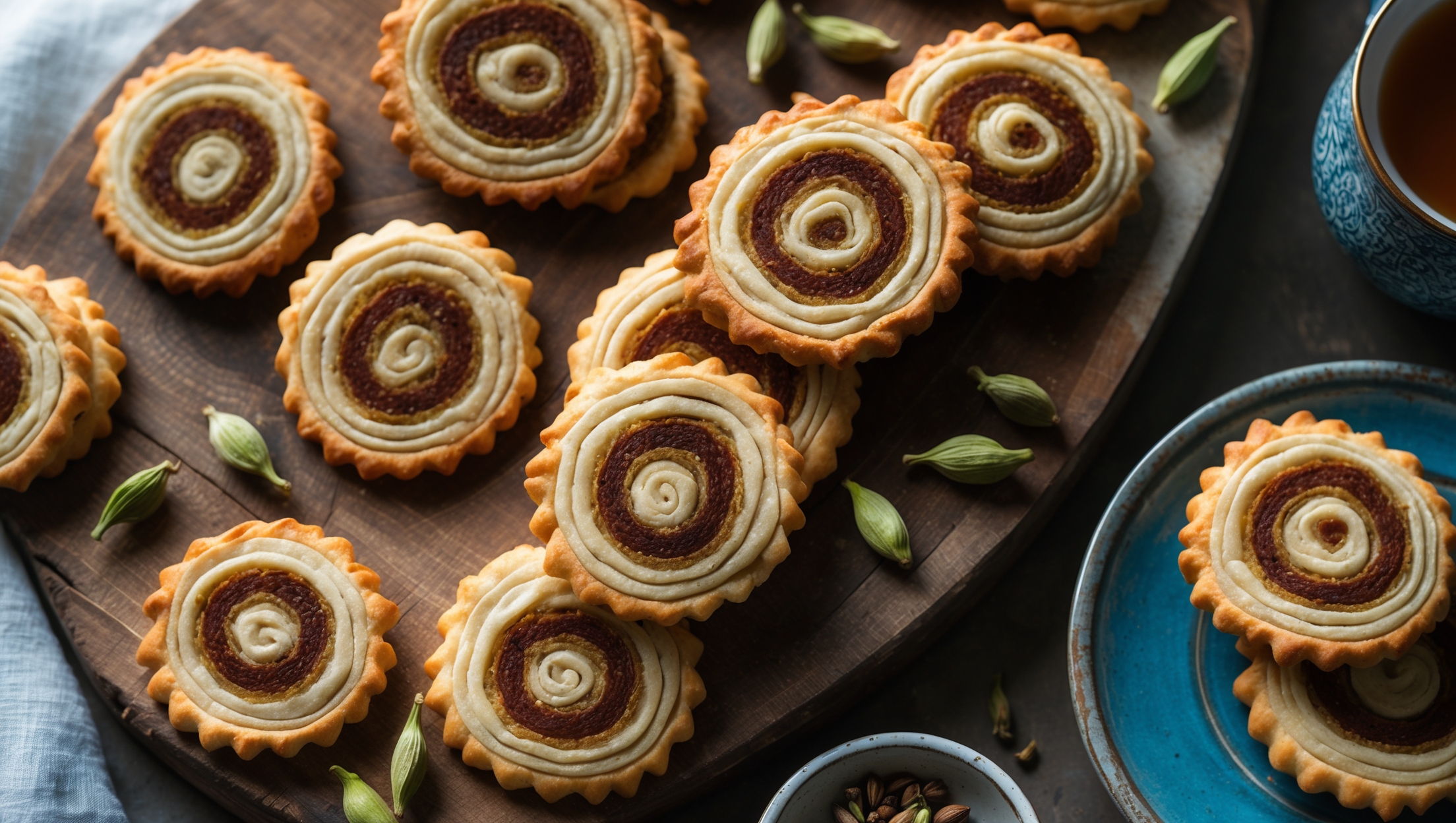 An overhead shot of spiral cardamom pinwheels arranged on a rustic wooden serving board, their golden-brown edges and caramelized sugar catching the soft natural light streaming through a kitchen window. A close-up reveals the delicate layers of flaky pastry swirled with the warm brown speckles of cardamom, while a cross-section shows the perfectly defined spiral pattern. Several cookies are artfully stacked to showcase their uniform thickness, while others lie flat displaying their intricate pinwheel design. Fresh cardamom pods and a small bowl of ground cardamom are scattered alongside, with a vintage blue ceramic plate holding a few cookies next to a partially visible cup of tea, suggesting the perfect pairing.