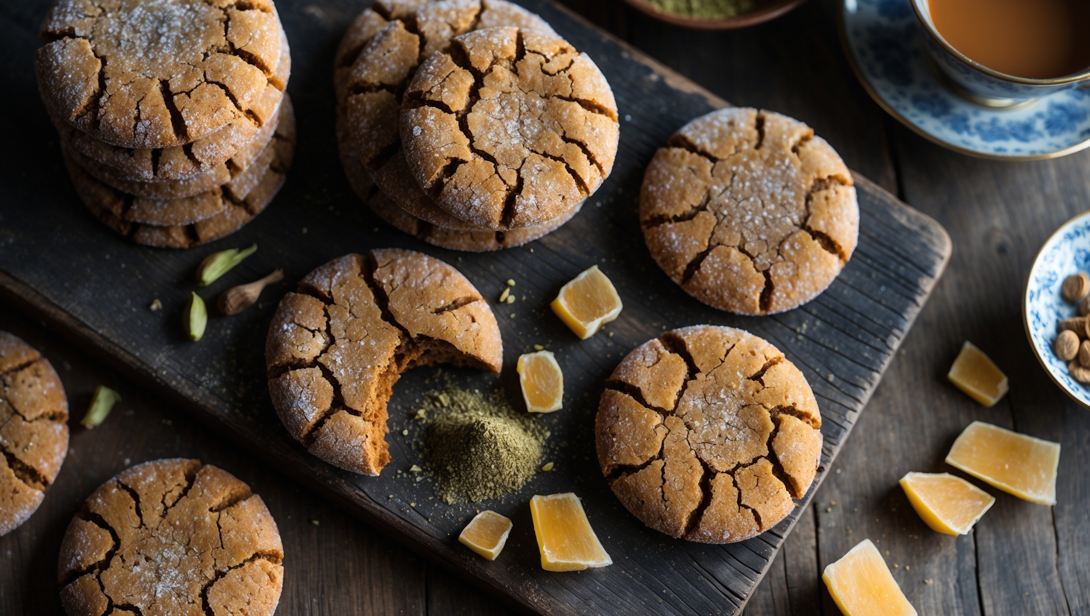 An overhead shot of rustic cardamom ginger cookies arranged on a weathered wooden serving board, some stacked and others scattered, with a few broken in half to reveal their chewy centers. Captured in soft natural light that highlights the crinkled tops and sugar-dusted surfaces, the warm amber tones of the cookies contrast beautifully against the dark board. A small bowl of ground cardamom and pieces of crystallized ginger sit nearby, alongside a vintage teacup filled with chai, suggesting the perfect pairing. Close-up details show the distinctive crackle pattern on each cookie's surface and the tiny flecks of ginger and cardamom speckled throughout.