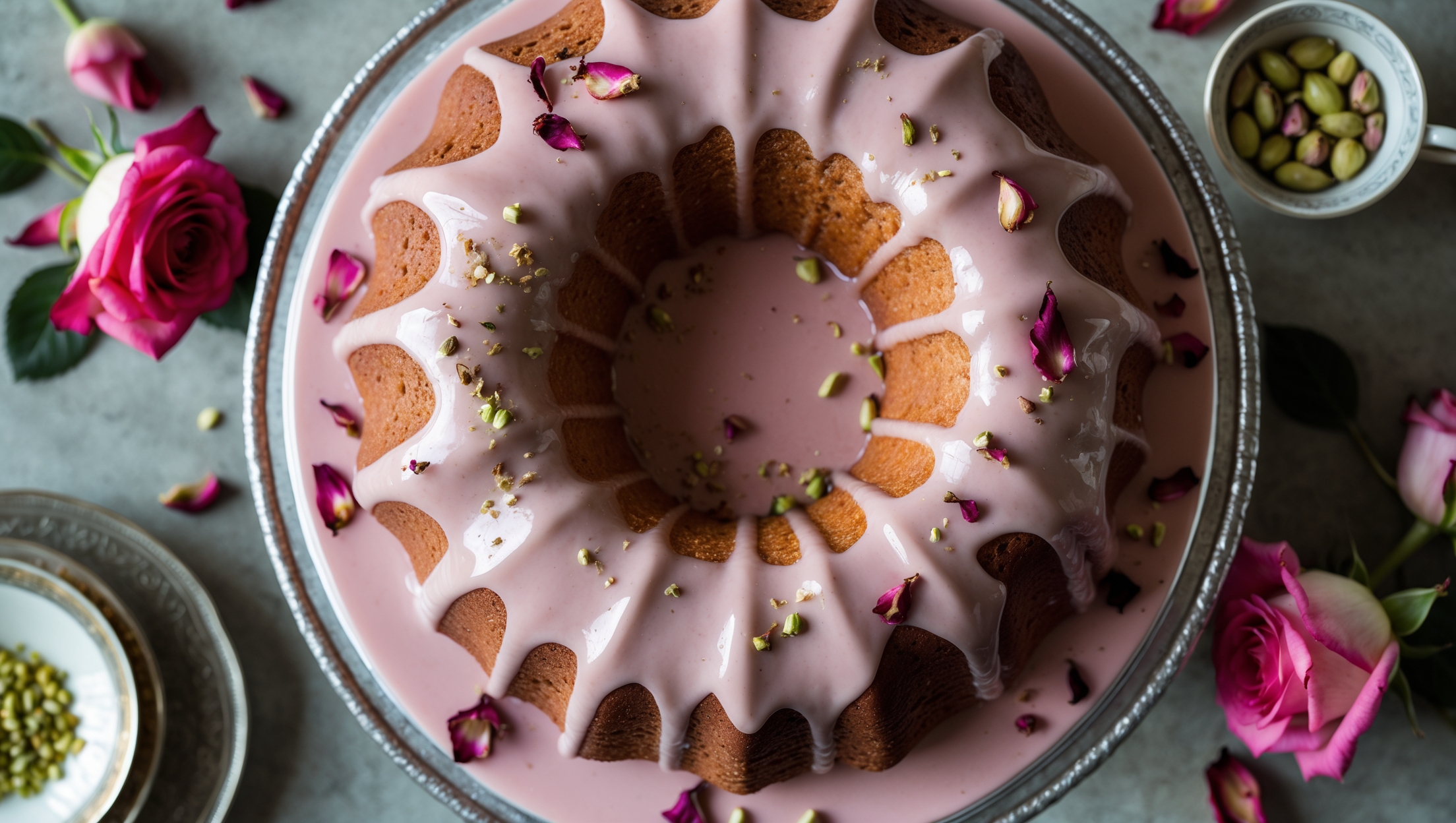 An overhead shot of a perfectly formed Bundt cake on an antique silver cake stand, its deep ridges capturing pools of pale pink rose-scented glaze that drips elegantly down the sides. In soft natural light, the cake's golden-brown exterior contrasts beautifully with the blush-colored glaze, while scattered dried rose petals and crushed pistachios add vibrant touches of crimson and green. A cross-section reveals a tender, fine crumb with tiny flecks of cardamom visible throughout. The scene is completed with a vintage teacup, fresh roses, and whole cardamom pods artfully arranged nearby, emphasizing the cake's exotic spice and floral notes.