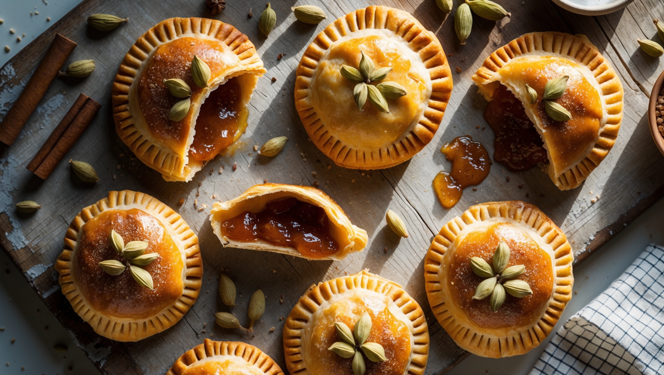 An overhead shot of golden-brown cardamom hand pies arranged on a weathered wooden board, with a few broken open to reveal their glistening fruit filling speckled with cardamom pods. Soft natural light streams across the scene, highlighting the flaky pastry layers and crystallized sugar topping that sparkles against the amber filling. In the background, scattered cardamom pods, cinnamon sticks, and a small bowl of raw sugar provide context while a checkered linen napkin adds homey warmth. The cross-section views showcase the perfect balance between the crisp, butter-laminated exterior and the jammy, spice-infused interior that's just beginning to seep at the edges.