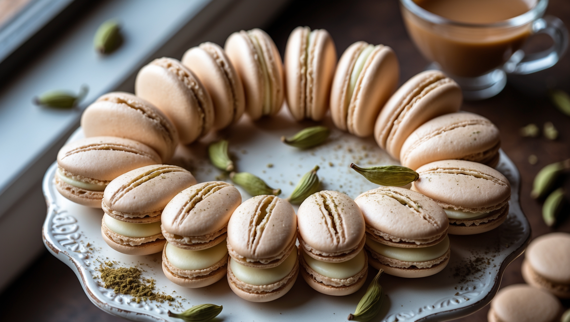 An overhead shot of perfectly formed cardamom macarons arranged in a spiral pattern on a vintage white porcelain cake stand. The soft beige macaron shells display smooth tops and perfect "feet" at their base, with a few cracked open to reveal the creamy white chocolate ganache filling. Several whole green cardamom pods and a light dusting of ground cardamom are scattered artistically around the composition. The scene is bathed in diffused natural light from a nearby window, creating subtle shadows that highlight the macarons' delicate texture and slight sheen. In the background, a cup of chai tea in a transparent glass cup complements the aromatic theme.