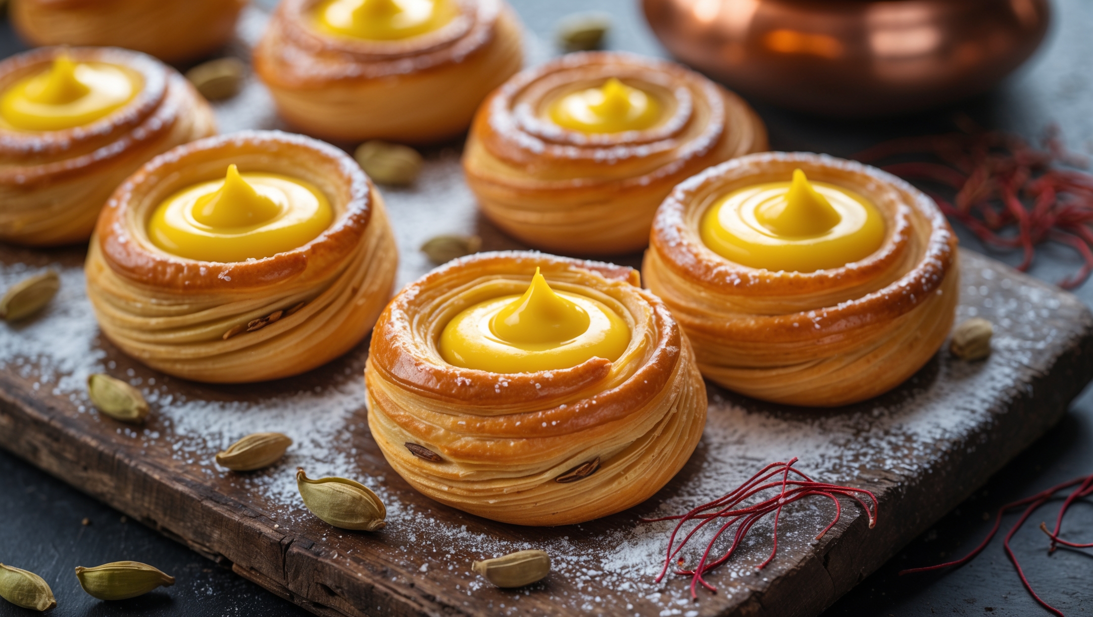 An overhead shot of golden-brown pastry swirls, each filled with vibrant yellow saffron custard that glistens under soft natural light. A cross-section reveals layers of flaky dough speckled with tiny cardamom fragments and the smooth, rich custard center. The pastries rest on a weathered wooden board dusted with powdered sugar, with whole cardamom pods and delicate saffron threads scattered artistically around them. A vintage copper pot sits blurred in the background, suggesting the traditional method of infusing the milk. The warm amber tones of the custard contrast beautifully with the darker caramelized edges of the pastry, emphasizing both components of this aromatic creation.