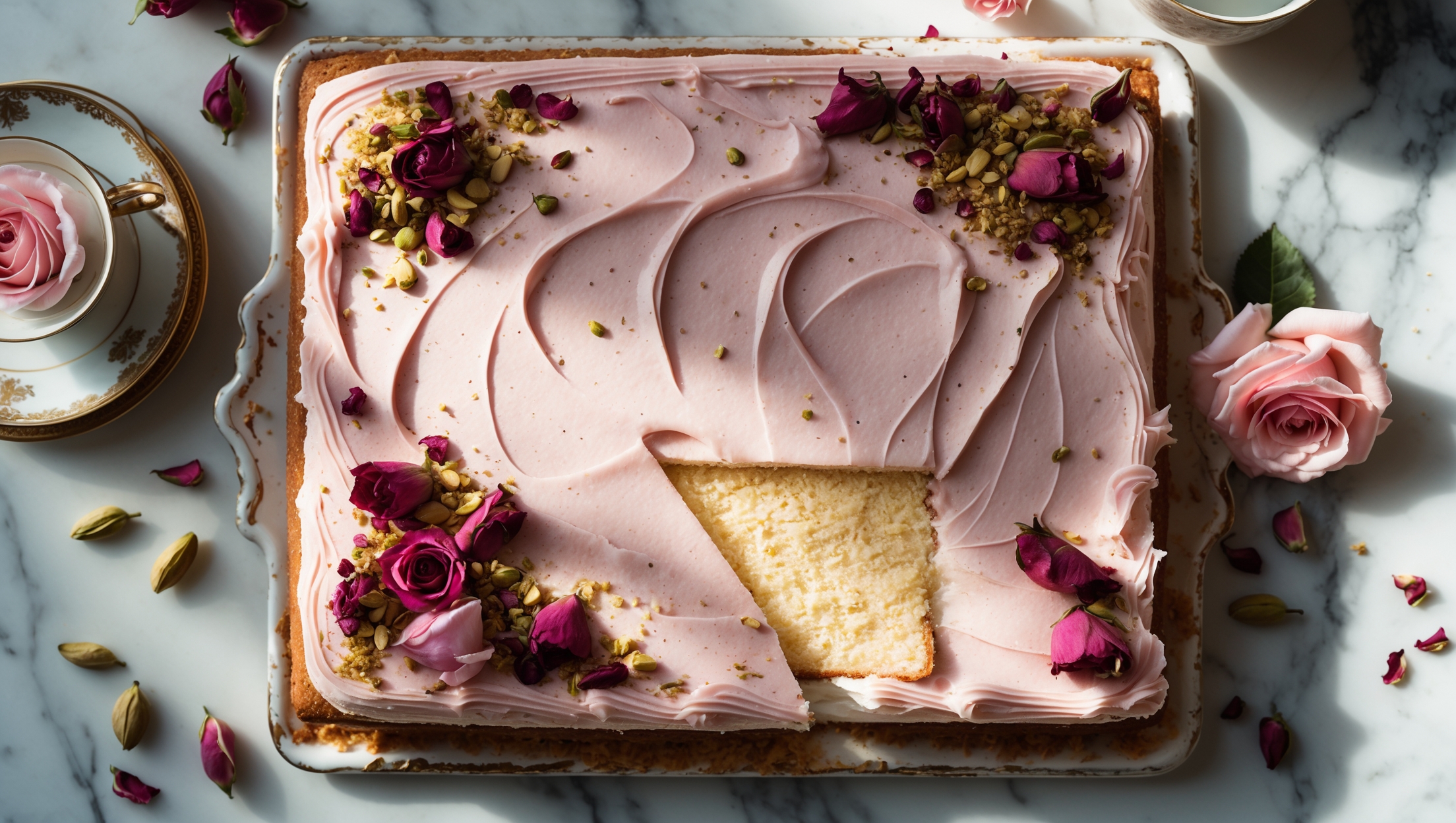 An overhead shot of a generously sized sheet cake with a soft pink rose-infused frosting spread in casual swoops and swirls. The warm golden crumb peeks through where the cake has been sliced, revealing flecks of ground cardamom. Natural light streams across the scene, highlighting a scatter of crushed pistachios and dried rose petals decorating the top. The cake sits on a vintage ceramic cake stand against a marble countertop, with a delicate teacup, fresh roses, and whole cardamom pods artfully arranged alongside, enhancing the cake's Middle Eastern and South Asian flavor profile.