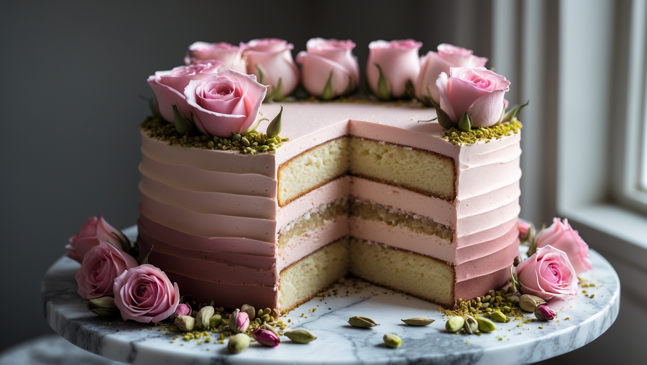 An elegant three-layer cake captured from a slight side angle to showcase its perfect symmetrical construction. The exterior features smooth pale pink rose buttercream with subtle ombré effect transitioning from deep rose at the bottom to barely-there blush at the top. A cross-section view reveals the tender golden cardamom-speckled sponge layers separated by pink buttercream. The top is adorned with a crown of fresh pink roses, crystallized rose petals, and a light dusting of ground cardamom and pistachios for color contrast. Natural window light casts a soft glow, highlighting the cake's velvety texture against a marble cake stand, with scattered cardamom pods, dried rose buds, and fresh pistachios artfully arranged around the base.
