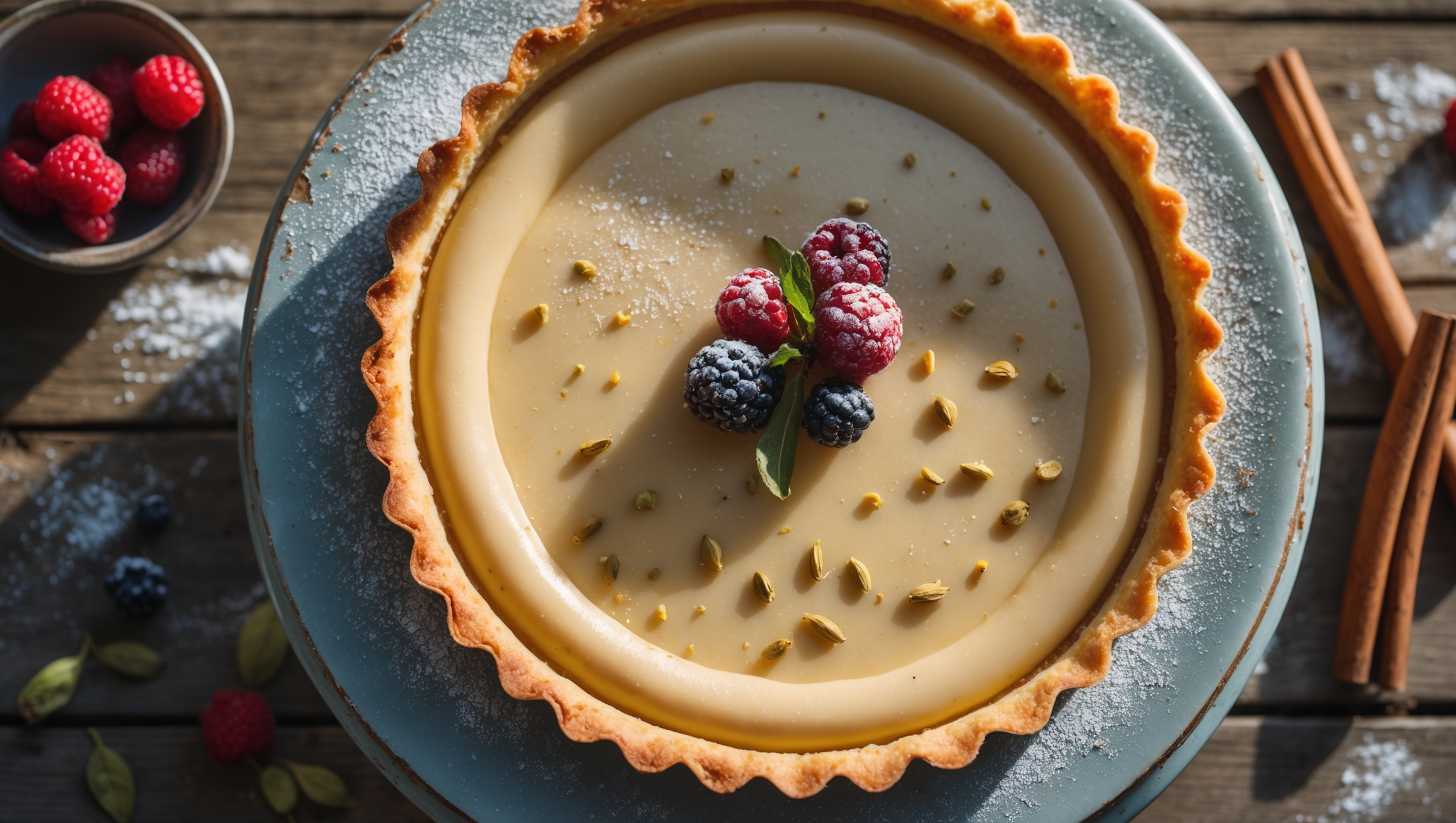 An overhead shot of a perfectly golden Cardamom Tart resting on a vintage ceramic cake stand, its surface exhibiting a subtle shimmer. Soft natural light streams across the scene, highlighting the tart's creamy beige filling flecked with tiny cardamom specks. The cross-section reveals a crisp, flaky pastry shell providing beautiful contrast to the velvety custard center. Fresh berries and a light dusting of powdered sugar create vibrant color accents against the warm-toned filling, while a few whole cardamom pods and cinnamon sticks strategically placed around the rustic wooden table hint at the aromatic spices within.
