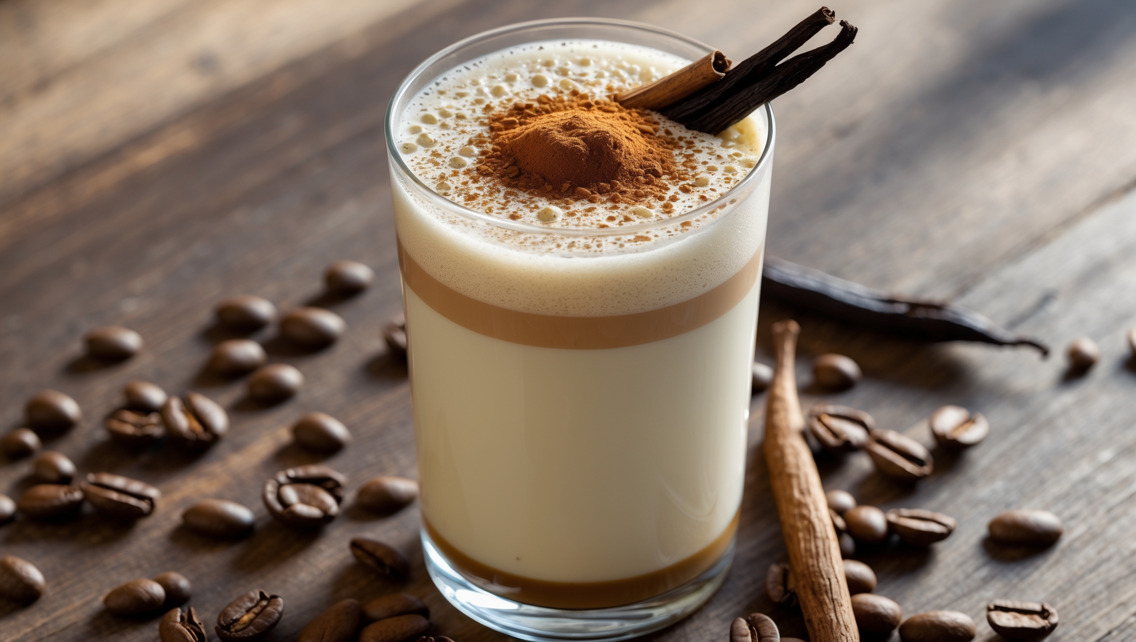 A tall, clear glass showcases distinct layers of creamy beige coffee-infused milk topped with a cloud of frothy foam. Sprinkled atop sits a delicate dusting of ground cardamom and cinnamon creating a rich, warm-toned surface. A whole cardamom pod and vanilla bean rest against the glass rim, while natural daylight catches the tiny bubbles in the foam. The mocktail sits on a wooden surface with scattered coffee beans and cardamom pods creating interesting texture around the base, highlighting the aromatic coffee and spice elements that define this sophisticated alcohol-free beverage.