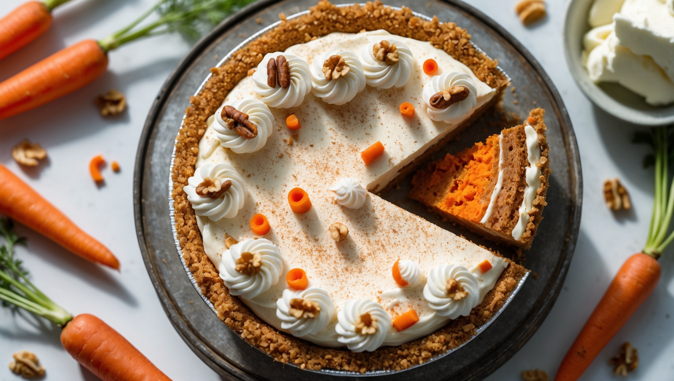 An overhead shot of a Carrot Cake Cream Pie showcasing its three distinct layers – the golden graham cracker crust, vibrant orange carrot cake filling, and cloud-like cream cheese topping dusted with cinnamon. Natural light streams across the scene, highlighting the pie's delicate sprinkling of chopped walnuts and tiny carrot curls decorating the surface. The pie sits on a weathered wooden cake stand with a single perfect slice removed, revealing the moist, spiced interior studded with carrot shreds. Surrounding the pie are scattered whole cinnamon sticks, fresh carrots with their green tops, and a small bowl of cream cheese – all components that hint at the pie's warm, autumnal flavors.