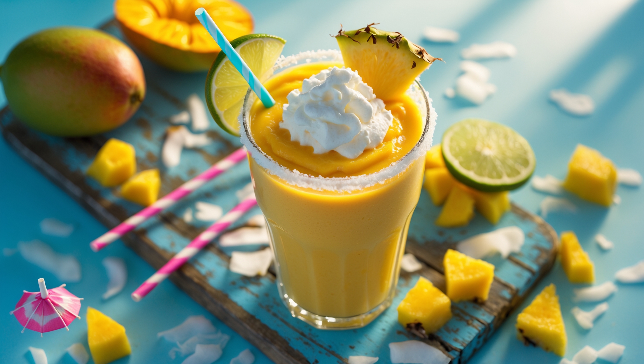 Overhead shot of a vibrant yellow-orange Caribbean Dream Smoothie served in a tall, frost-rimmed glass, topped with a dollop of coconut whipped cream and garnished with a fresh pineapple wedge and lime slice. The smoothie's silky texture captures the morning sunlight, creating a golden glow against a light blue backdrop reminiscent of Caribbean waters. Scattered fresh mango chunks, pineapple pieces, and coconut flakes surround the glass on a weathered wooden serving board, while a colorful paper straw and tiny cocktail umbrella add playful tropical styling elements.