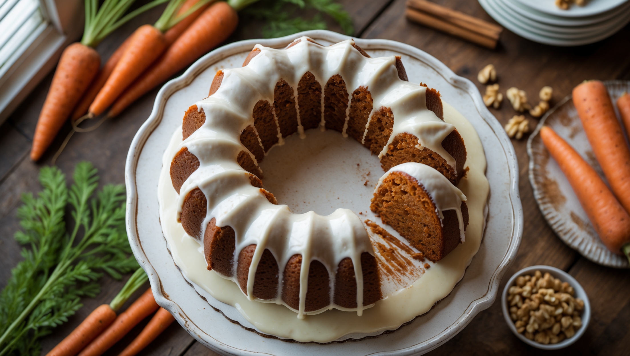 An overhead shot of a perfectly formed carrot bundt cake on a vintage white cake stand, its golden-brown exterior showcasing the intricate ridges of the bundt pan. Soft natural light streams through a nearby window, highlighting the glossy cream cheese glaze that cascades down the cake's curves and pools elegantly at the base. A cross-section reveals the cake's moist, orange-flecked interior studded with tiny specks of spices and optional walnuts. Surrounding the cake stand are scattered ingredients that hint at the recipe—fresh carrots with feathery tops, cinnamon sticks, and crushed walnuts—all arranged on a rustic wooden table that adds warmth to the composition.