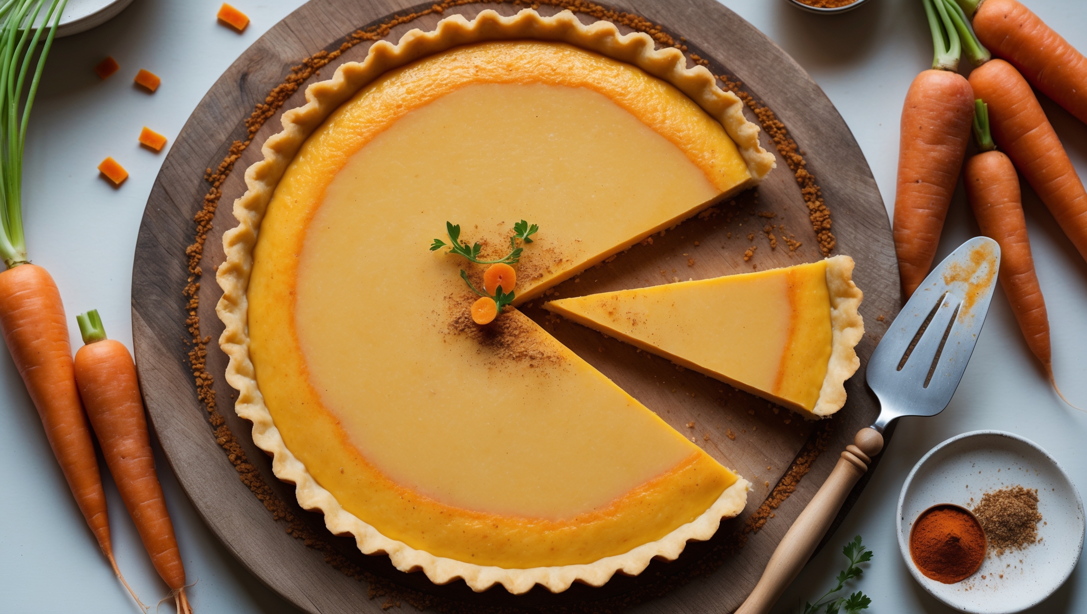 Overhead shot of a golden-orange carrot custard tart with a perfectly crimped shortcrust edge, captured in soft natural light streaming through a kitchen window. The smooth, glossy custard surface exhibits a subtle sheen with delicate orange flecks of carrot visible throughout. A slice has been removed, revealing the contrast between the creamy filling and crisp pastry shell. The tart sits on a rustic wooden serving board, garnished with a sprinkle of freshly grated nutmeg and tiny carrot top sprigs. Surrounding the tart are scattered whole carrots with their green tops, a small bowl of ground spices, and a vintage silver serving spatula, all creating a warm, autumnal color palette.