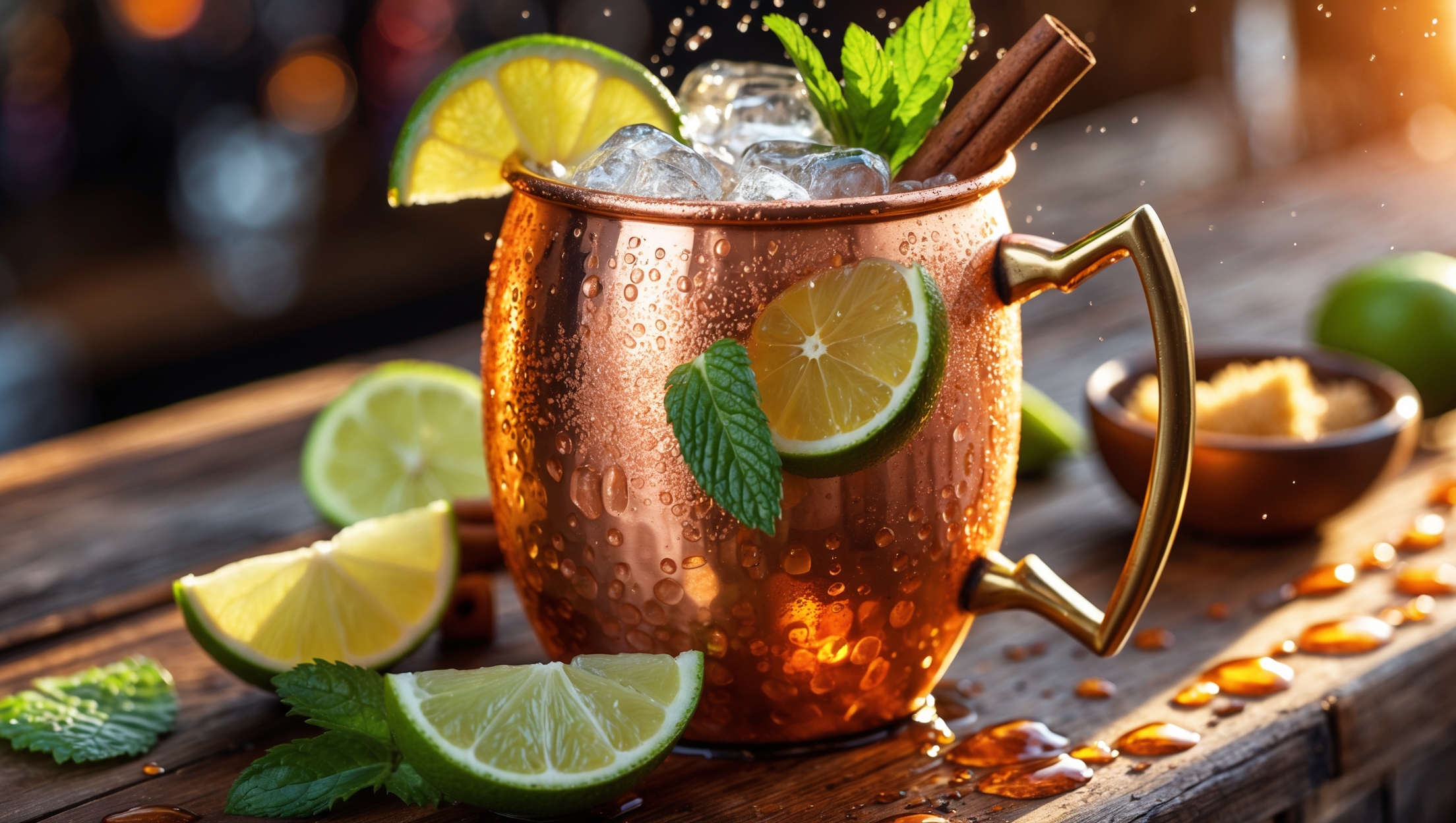 A gleaming copper mug with beads of condensation catching the warm sunset light, filled with a vibrant Caribbean Mule cocktail. Ice cubes peek above the rim, nestled among slices of fresh lime and a sprig of mint that adds a pop of green against the amber-hued drink. A cinnamon stick leans against the edge, with fine droplets of ginger beer creating a slight effervescence on the surface. The copper catches golden highlights while sitting atop a rustic wooden bar, surrounded by scattered lime wedges, pieces of fresh ginger, and a small bowl of brown sugar, suggesting the tropical ingredients that make this cocktail special.