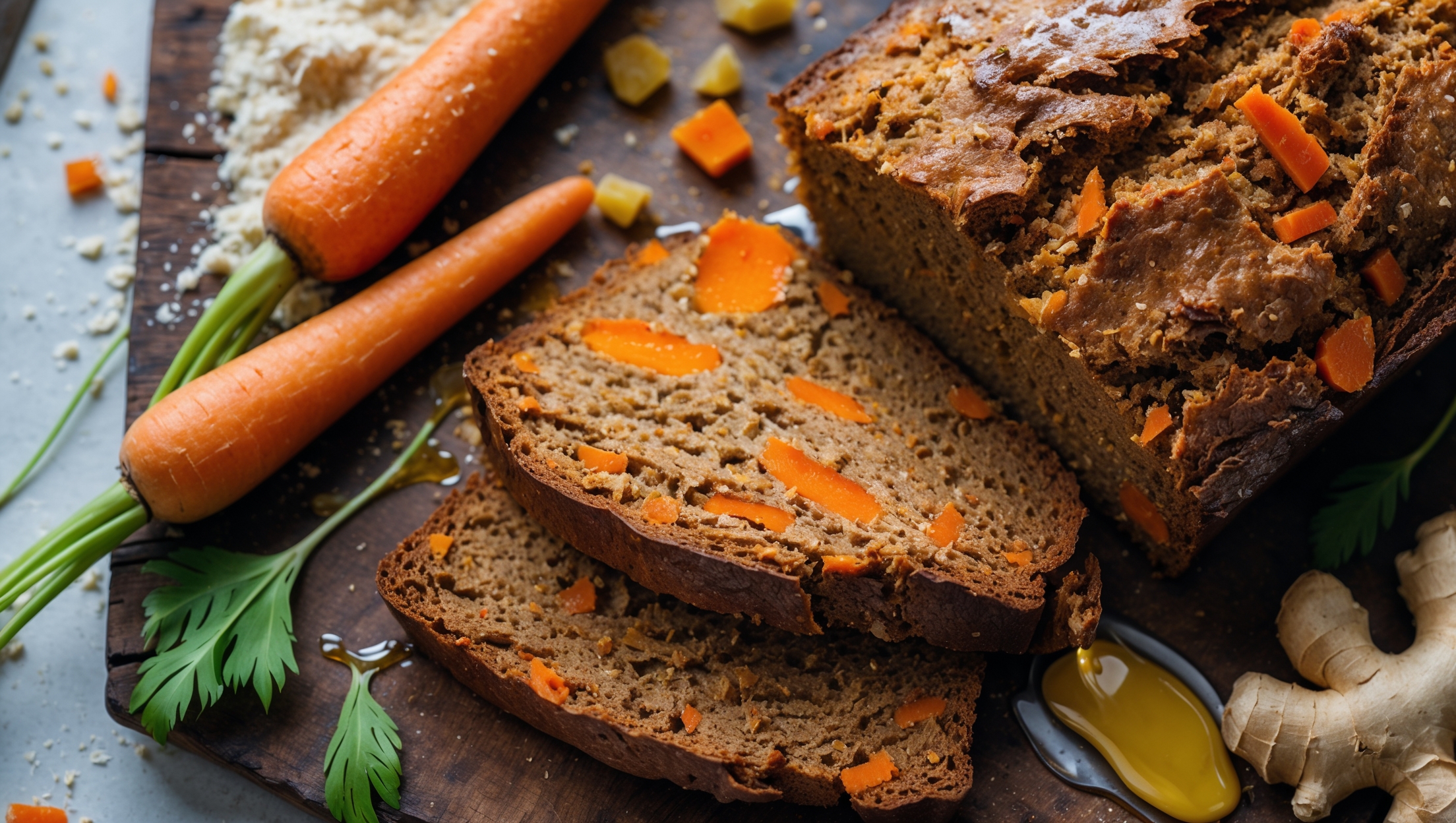 An overhead shot of a rustic loaf of Carrot Ginger Whole Grain Bread with its golden-brown crust partially sliced to reveal a moist, fiber-rich interior flecked with vibrant orange carrot shreds. The bread sits on a weathered wooden cutting board, surrounded by scattered whole grain flour, fresh carrots with leafy tops, and knobs of fresh ginger. Natural window light highlights the bread's wholesome texture and the crystallized ginger pieces that sparkle throughout the crumb. A drizzle of honey glistens as it's being poured over a warm slice, with steam gently rising, suggesting the bread has just been baked.
