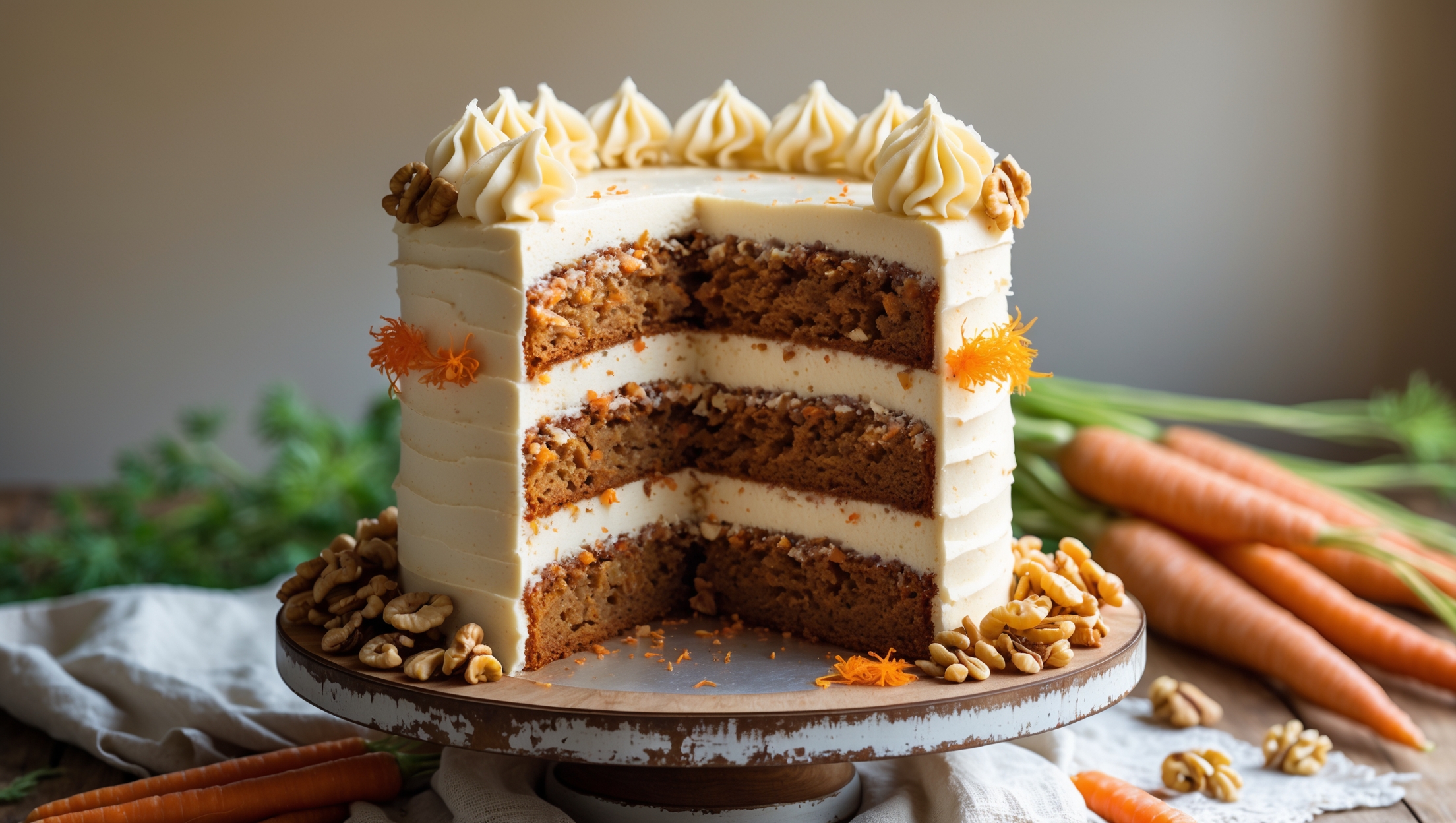 A towering three-layer carrot cake photographed in warm natural light, with a cross-section view revealing its vibrant orange-flecked interior and creamy frosting layers. The exterior features a rustic, slightly textured cream cheese frosting application with decorative swirls around the top edge. Caramelized walnuts cascade down one side while fresh orange zest and tiny carrot decorations add color contrast. The cake sits on a distressed wooden cake stand against a neutral linen backdrop, with scattered cinnamon sticks, whole carrots with their green tops, and crushed walnuts artfully arranged around the base to hint at the key ingredients.