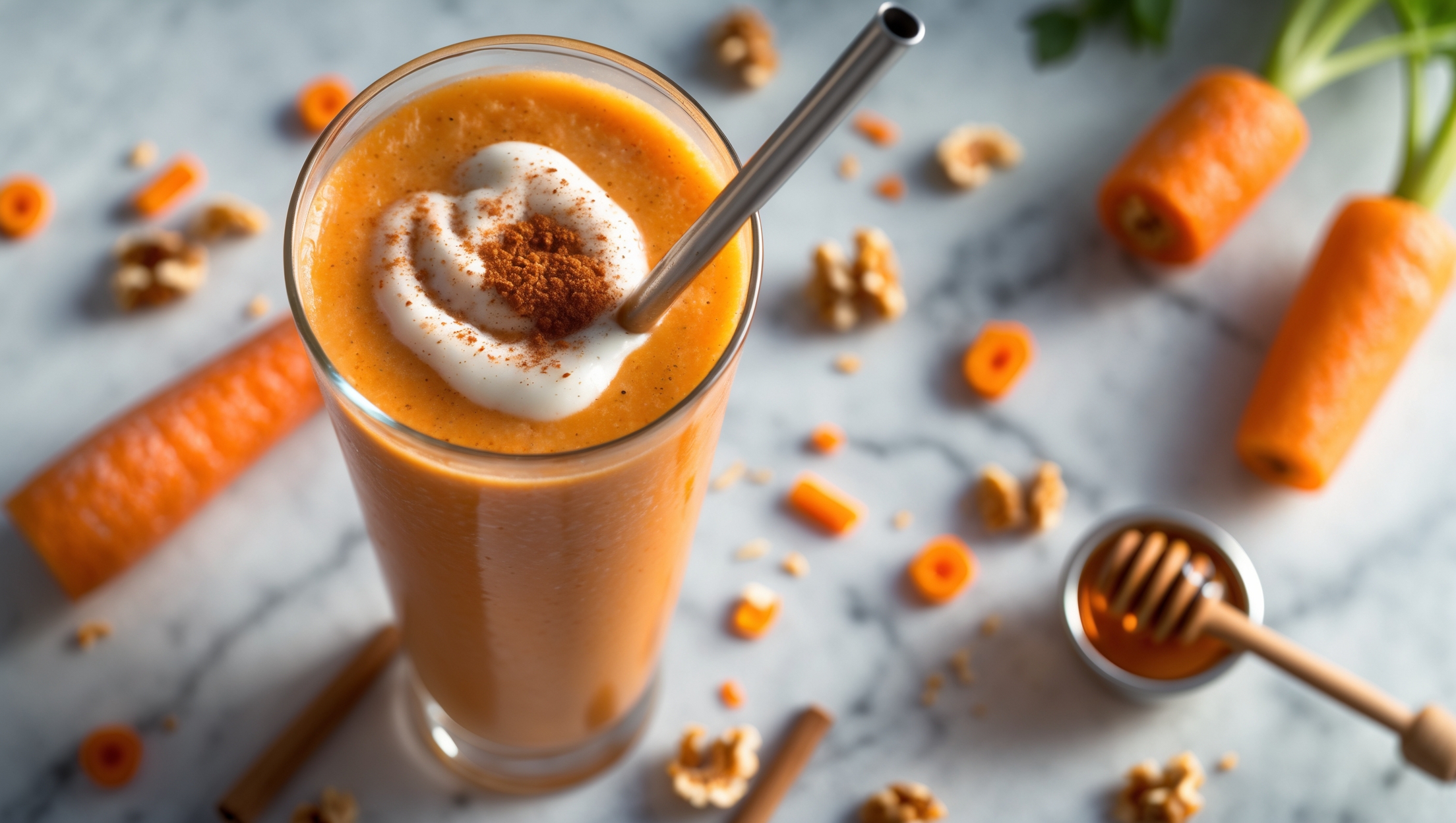 An overhead shot of a tall glass filled with a vibrant orange-speckled smoothie, its creamy surface dusted with a sprinkle of cinnamon and nutmeg. A metal straw stands in the glass, surrounded by scattered shredded carrots and chopped walnuts on a light marble countertop. The soft natural light highlights the smoothie's velvety texture and tiny flecks of carrot, while a small pot of honey with a wooden dipper sits nearby, capturing the golden morning glow. Pieces of fresh carrot with green tops and a dash of cream swirled on top provide striking color contrast against the warm, spiced beverage.