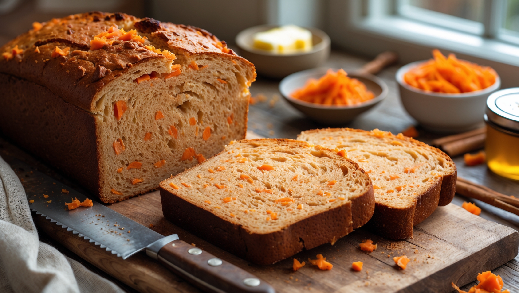 A cross-section shot of freshly baked Carrot Sandwich Bread showcasing its even crumb structure with vibrant orange carrot flecks scattered throughout the golden-brown loaf. The bread sits on a rustic wooden cutting board with a serrated knife nearby and a few slices already cut, revealing the pillowy soft interior. Soft natural light streams in from a kitchen window, highlighting the bread's caramelized crust and subtle sheen. In the background, a small bowl of fresh grated carrots and a butter dish suggest the perfect serving accompaniment, while scattered cinnamon sticks and a jar of honey create an inviting breakfast scene.