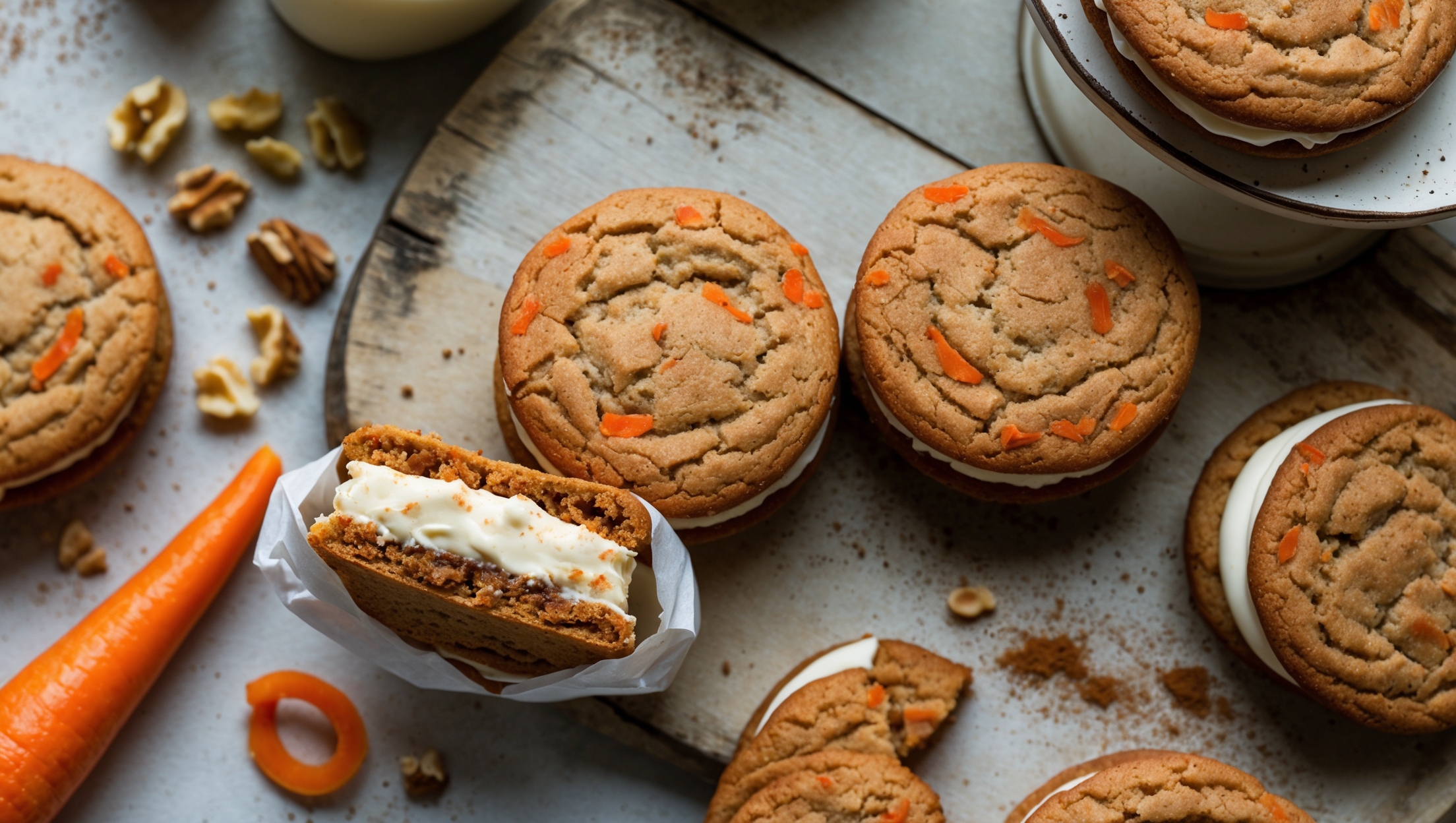 An overhead shot of rustic carrot cake sandwich cookies arranged slightly overlapping on a weathered wooden board, with soft natural light streaming in from the side highlighting their textured, golden-orange surfaces. A cross-section view shows the generous cream cheese filling peeking between two perfectly baked cookies, with flecks of orange carrot and warming spices visible in the cookie's moist crumb. A few cookies are partially unwrapped to reveal their generous filling, while scattered chopped walnuts, fresh carrot curls, and a light dusting of cinnamon create visual interest around the arrangement. A vintage milk bottle and small cake stand in the background complete this cozy, bakery-style composition that emphasizes the homemade appeal of these seasonal treats.