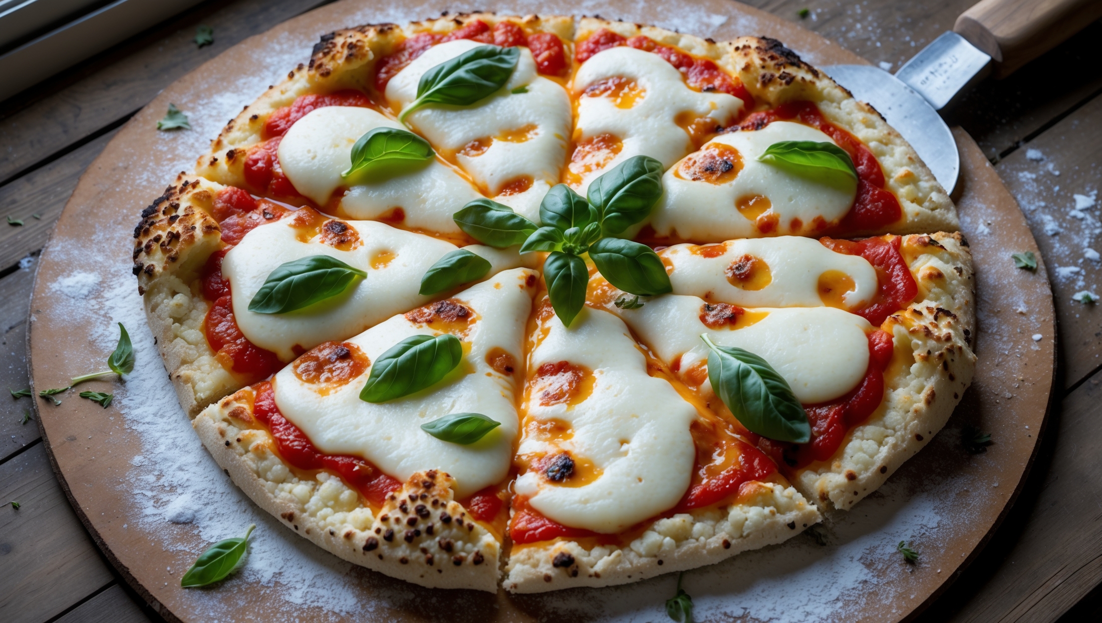 An overhead shot of a perfectly round cauliflower-crusted pizza with crispy golden edges and colorful toppings. The vibrant red tomato sauce peeks through melted, stretchy mozzarella that bubbles with spots of caramelization. Fresh basil leaves provide pops of green against the cheese, while thinly sliced vegetables create an appealing pattern. Captured in natural window light on a rustic wooden pizza peel with scattered herbs and a light dusting of flour, the image highlights the pizza's appealingly crisp yet tender texture and the slight char marks that showcase its oven-baked perfection.