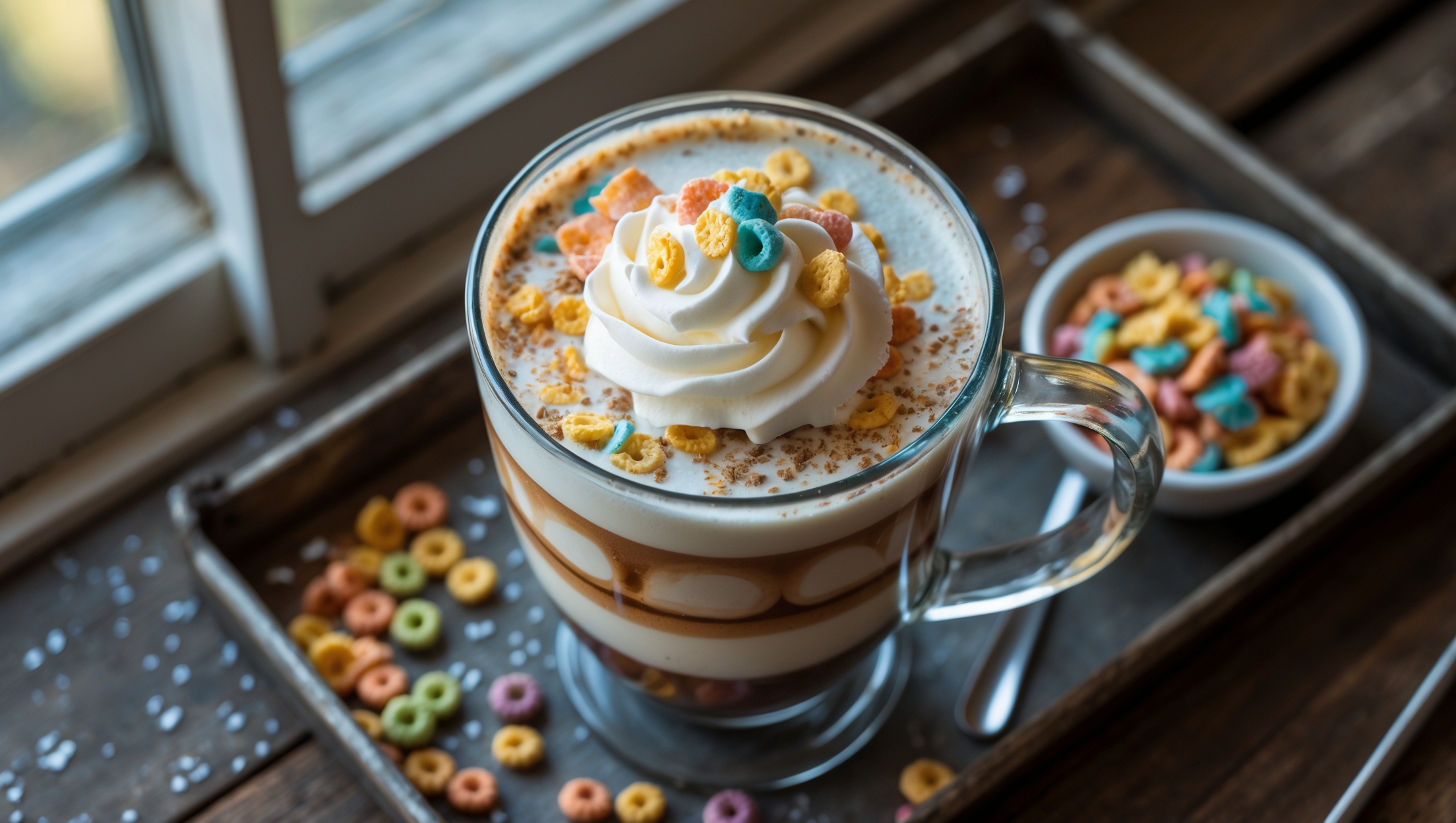 An overhead shot of a glass mug filled with the Cereal Milk Latte, showing distinct layers of espresso and cereal-infused milk. The latte features a delicate swirl of whipped cream dusted with crushed cereal, with a few colorful cereal pieces artfully arranged on top. Captured in soft morning light streaming through a window, the beverage sits on a rustic wooden tray alongside a small bowl of the same cereal. Condensation on the glass highlights the drink's chilled nature, while a metal straw leans against the side, inviting the viewer to take a sip of this nostalgic beverage.