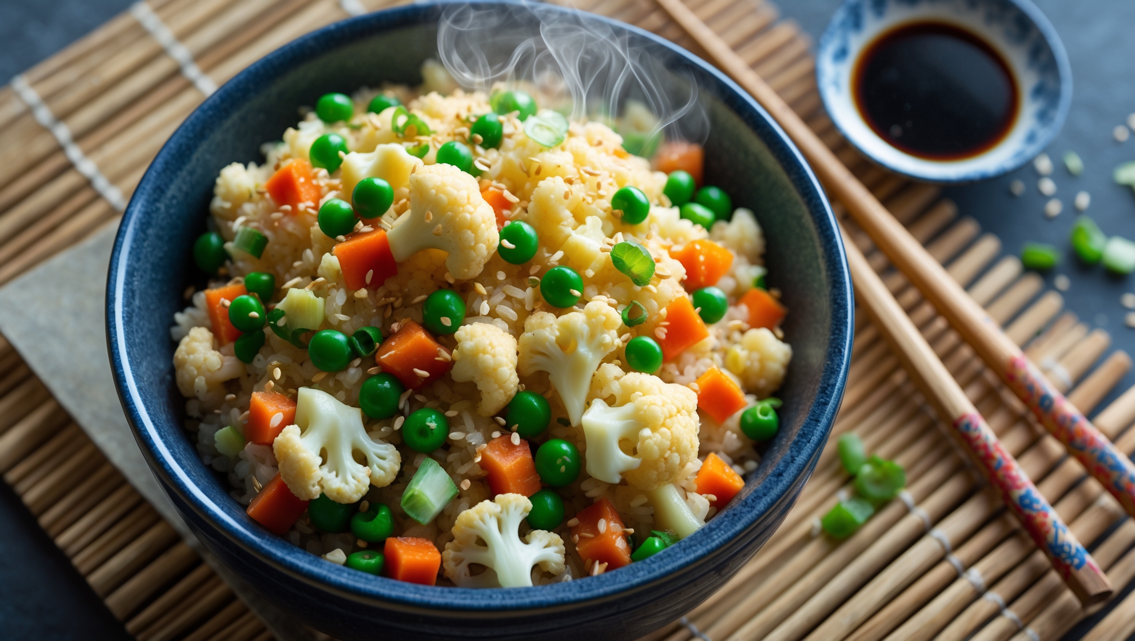 An overhead shot of a steaming bowl of cauliflower fried rice, showcasing the colorful medley of finely riced cauliflower mingling with vibrant diced carrots, green peas, and scrambled eggs. The dish is arranged on a dark blue ceramic bowl placed on a natural bamboo mat, with wooden chopsticks resting alongside. Soft natural light highlights the varied textures and glistening sesame oil finish, while scattered green onions and sesame seeds add visual contrast. A small dish of soy sauce sits to the side, with steam rising from the freshly cooked dish suggesting its aromatic warmth.