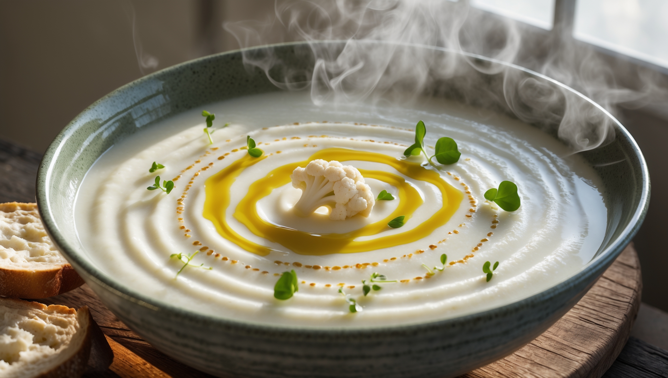 A steaming bowl of silky white cauliflower soup captured from a 45-degree angle, showing its smooth, velvety texture. Soft natural light streams in from the side, highlighting delicate ripples on the surface. The soup is garnished with a swirl of olive oil creating a golden pattern, scattered microgreens, and tiny cauliflower florets for contrast. A rustic wooden board beneath holds crusty artisan bread slices alongside the deep ceramic bowl. Steam rises gently, catching the light and creating a warm, inviting atmosphere that emphasizes the soup's comforting nature and creamy consistency.