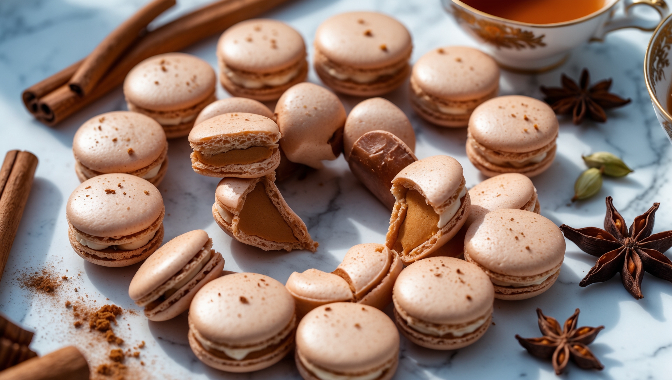 An overhead shot of perfectly formed chai spice macarons arranged in a spiral pattern on a white marble surface. Each macaron displays the characteristic smooth dome, ruffled feet, and a warm caramel-brown color speckled with tiny fragments of chai spices. A cross-section view reveals the delicate, slightly chewy interior and the luscious cinnamon buttercream filling that oozes slightly when pressed. Styling includes scattered whole spices—cinnamon sticks, star anise, and cardamom pods—alongside a vintage teacup filled with chai tea, creating a cozy atmosphere. The soft natural light casts gentle shadows, highlighting the macarons' perfect texture while a light dusting of gold luster dust catches the light on select cookies.