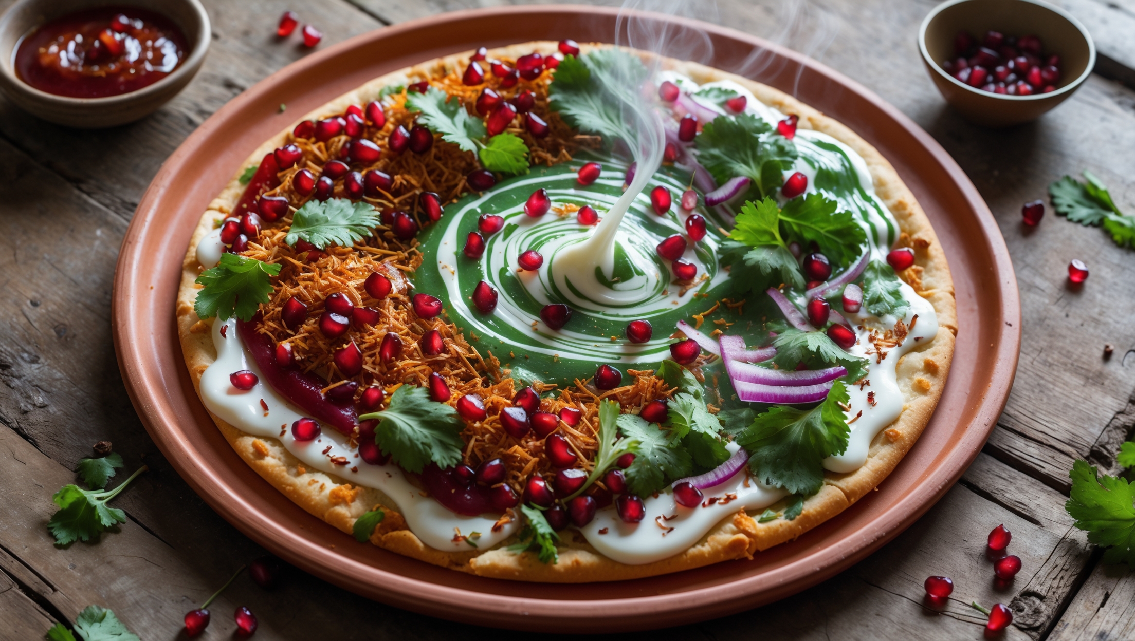 An overhead shot of a rustic round Chaat Pizza on a terracotta serving plate, captured in warm natural light. The thin, golden-brown crust is topped with vibrant layers of ruby-red tamarind chutney, verdant cilantro-mint sauce, and creamy yogurt drizzles creating artistic swirls. Crispy sev and pomegranate seeds scatter across the surface like confetti, adding texture and color pops against the melted cheese. Fresh cilantro leaves and finely diced red onions provide the finishing touches, while a thin wisp of steam rises, suggesting it's just been sliced. A small bowl of extra mint chutney sits alongside, with scattered whole spices framing the composition on a weathered wooden table.