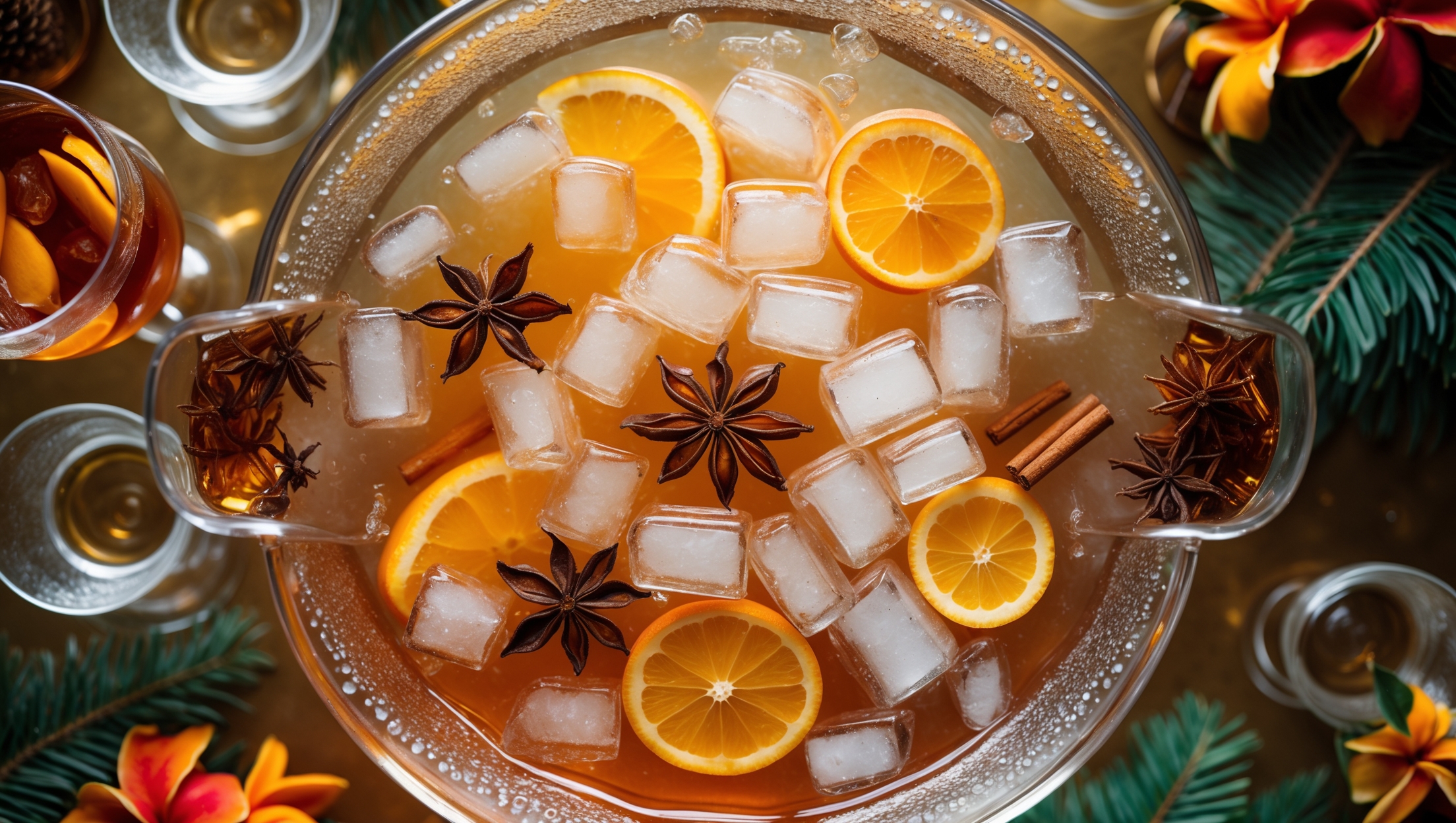 An overhead shot of a crystal punch bowl filled with amber-colored celebration punch, ice floating on the surface catching the warm golden party lighting. Around the bowl, elegant punch glasses wait to be filled, alongside garnishes of orange wheels, cinnamon sticks, and star anise. Condensation beads on the punch bowl's exterior suggest refreshing chill, while floating citrus slices create vibrant color contrasts against the rich amber liquid. The scene is styled with tropical flowers and evergreen sprigs surrounding the setup, suggesting a festive gathering where the punch serves as the centerpiece.