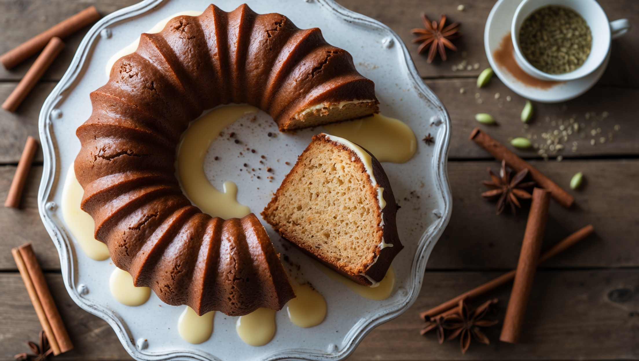 An overhead shot of a beautifully ridged chai spiced bundt cake on an ornate white cake stand, with soft natural light highlighting its golden-brown surface. A cascading vanilla glaze drips elegantly down the cake's fluted contours, pooling slightly at the base. The cross-section reveals a tender, cinnamon-flecked crumb with subtle specks of warm spices throughout. Scattered around the cake stand are whole cinnamon sticks, star anise pods, cardamom seeds, and a small vintage teacup filled with chai tea, suggesting the origins of the cake's flavor profile. A slice has been cut to showcase the cake's perfect moisture level and even spice distribution, all set against a rustic wooden table that enhances the cake's homey yet sophisticated appeal.