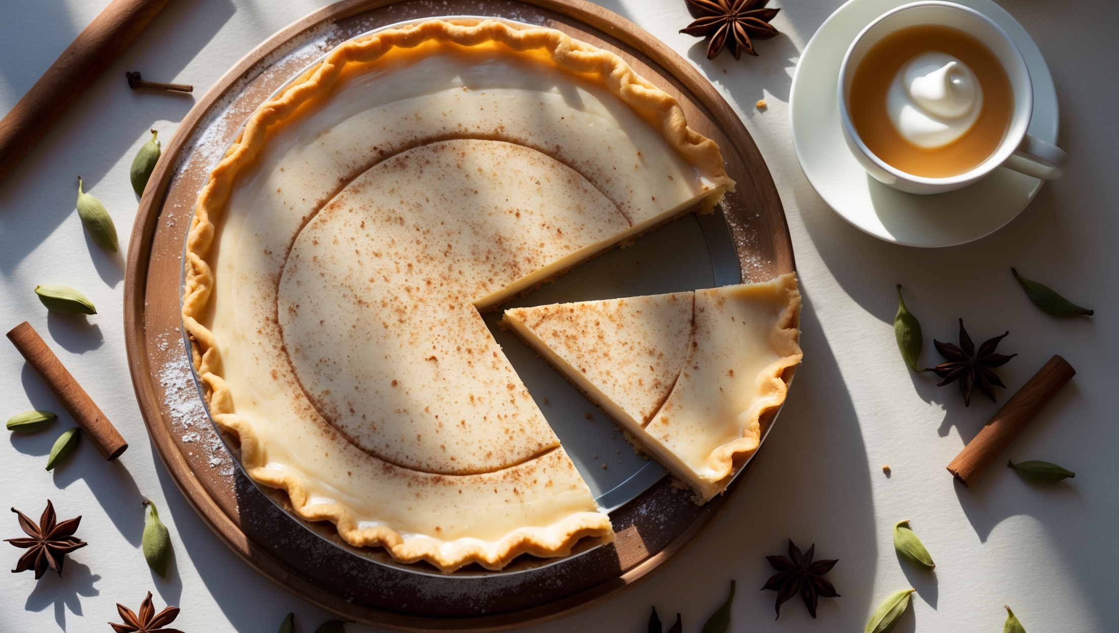 An overhead shot captures the Chai Spiced Cream Pie's smooth, lightly caramel-colored surface dusted with a delicate pattern of ground cinnamon and cardamom. A cross-section reveals the perfectly set, silky custard filling with tiny flecks of spices visible against the creamy backdrop, all contained within a golden, crisp pastry crust. The pie sits on a rustic wooden cake stand adorned with scattered whole spices—star anise, cinnamon sticks, and cardamom pods—while soft natural window light casts gentle shadows that highlight the pie's velvety texture. A dollop of freshly whipped cream slowly melts on a just-served slice, with a steaming cup of chai tea positioned nearby, complementing the aromatic spice composition.