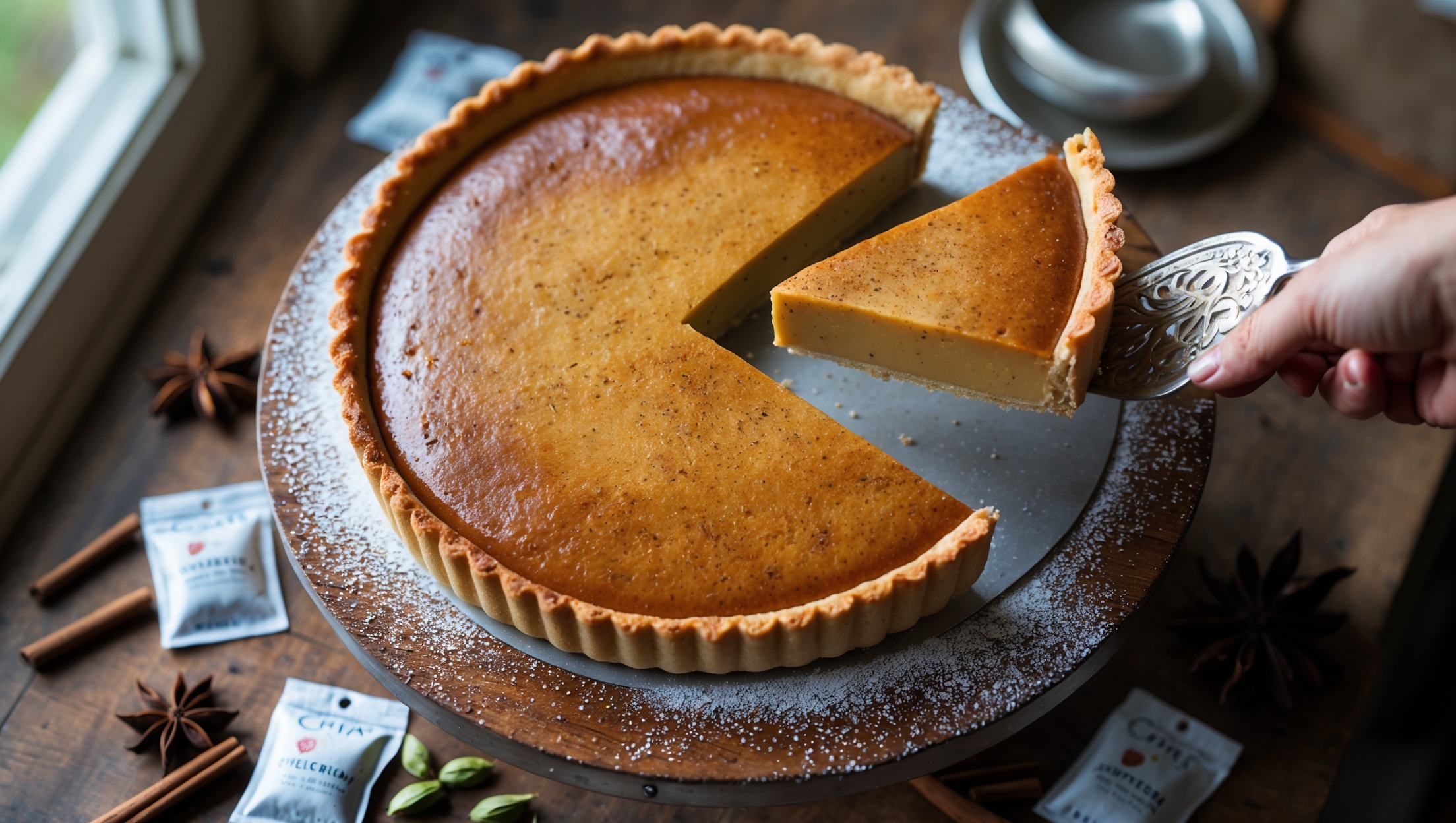 An overhead shot of the golden-brown Chai Spiced Tart on a weathered wooden cake stand, with a perfect slice being lifted to reveal the creamy, speckled custard filling. Soft natural light streams from a nearby window, highlighting the flecks of spices throughout the filling and the crisp, clean edges of the shortcrust pastry. Several chai tea bags and loose spices—cinnamon sticks, star anise, and cardamom pods—are artfully scattered around the base of the stand, while a dusting of powdered sugar creates a delicate contrast against the caramelized top. A vintage silver cake server rests beside the tart, ready for serving the next slice.