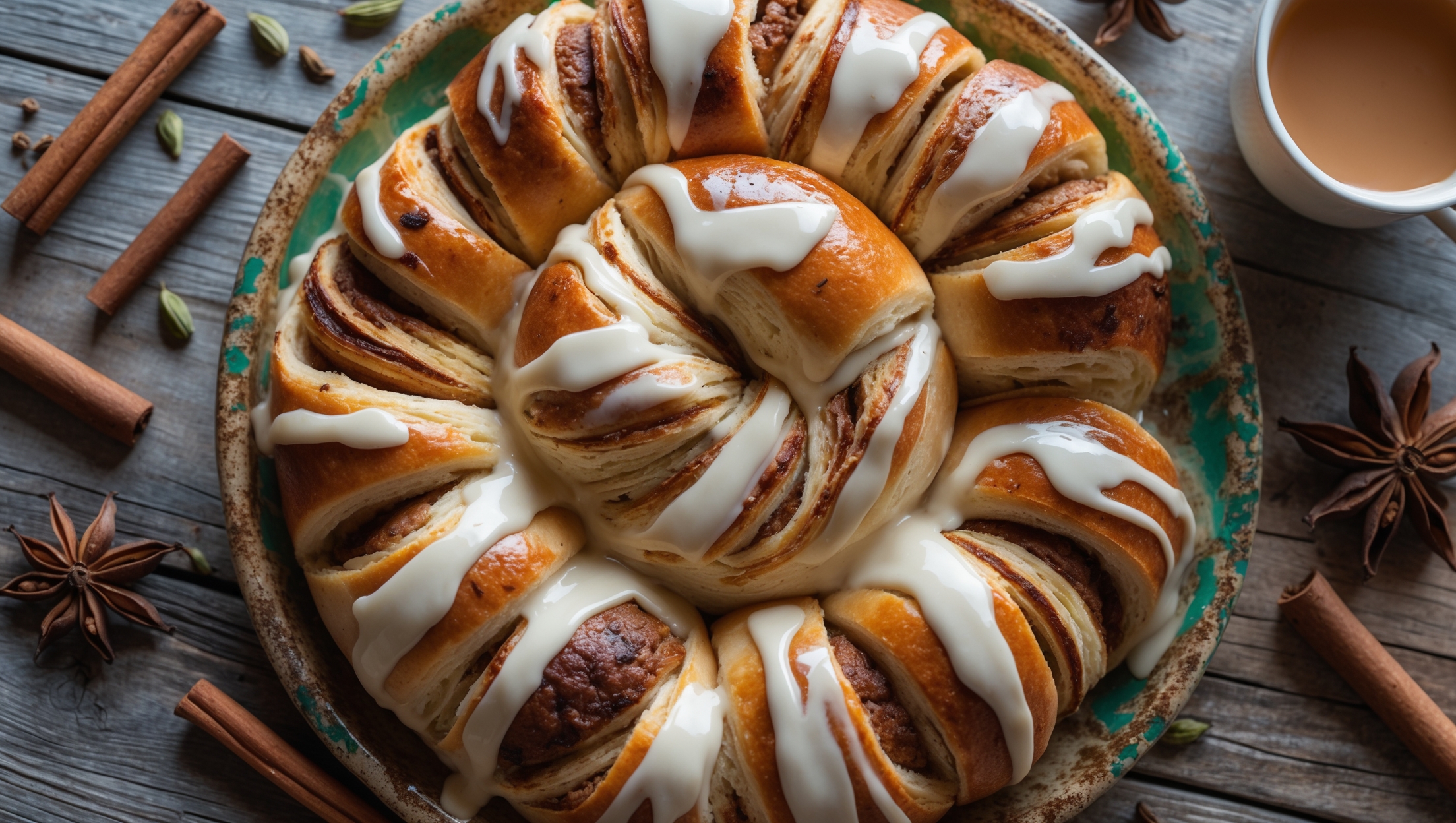 Overhead shot of spiral chai-spiced breakfast buns arranged on a vintage ceramic platter, their golden-brown surfaces glistening with cream cheese glaze that slowly drips down the sides. A cross-section view reveals delicate swirls of cinnamon and chai spices woven throughout the pillowy dough. Soft natural morning light streams across the scene, highlighting the caramelized edges and tender crumb texture. Scattered cinnamon sticks, star anise pods, and cardamom seeds frame the composition on a rustic wooden table alongside a steaming cup of masala chai tea, emphasizing the warm, spiced character of these breakfast treats.