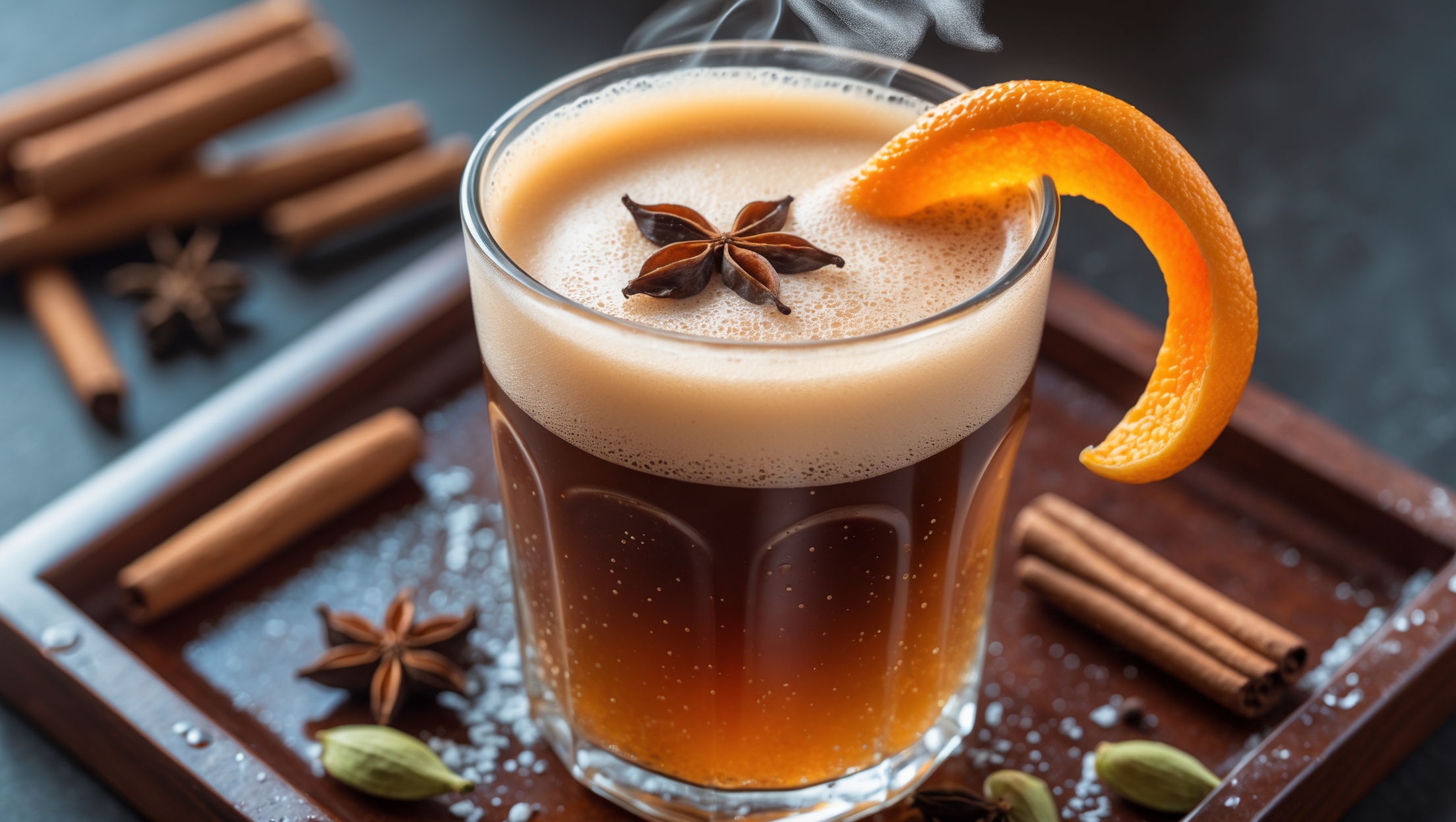 A tall glass showcasing beautiful gradient layers of deep amber chai concentrate at the bottom transitioning to creamy beige foam on top, captured in bright natural daylight. Close-up details reveal tiny specks of cinnamon and star anise floating throughout, while steam gently rises from the warm surface. The glass sits on a wooden tray alongside scattered whole spices—cinnamon sticks, cardamom pods, and cloves—creating visual context for the flavors within. A twisted orange peel garnish rests on the rim, with condensation beginning to form on the outside of the glass, suggesting the perfect temperature contrast.