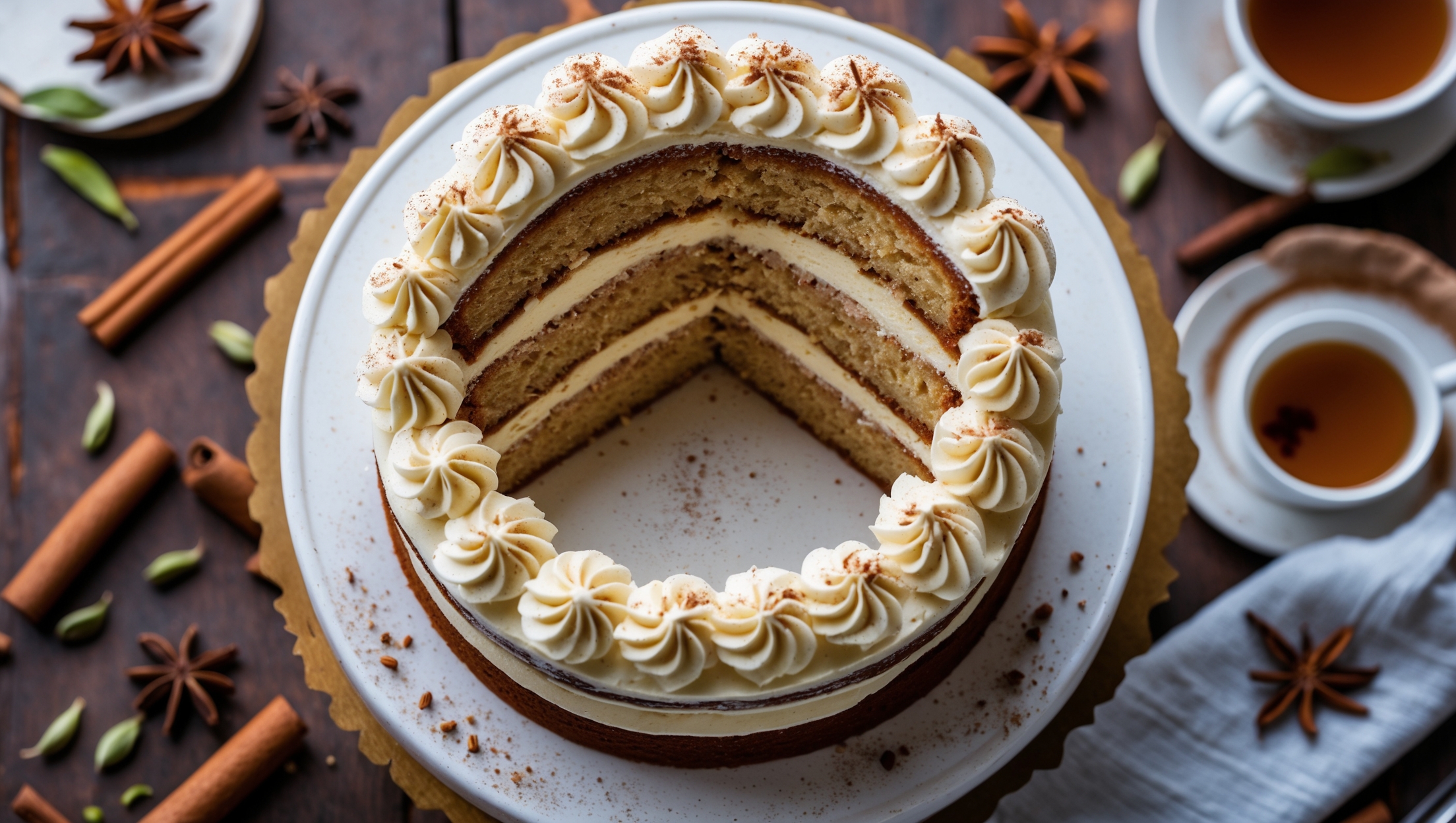 Overhead shot of a three-layer cake with velvety chai buttercream visible between each moist layer. A cross-section reveals the cake's tender crumb against creamy frosting. Styled on a white ceramic cake stand with scattered cinnamon sticks, star anise, and cardamom pods around the base. Soft natural light highlights the cake's golden-brown edges and the delicate swirls of buttercream on top, dusted with a fine sprinkle of cinnamon. Small chai tea leaves are scattered artistically on the wooden surface alongside cups of steaming chai tea, suggesting the perfect pairing.