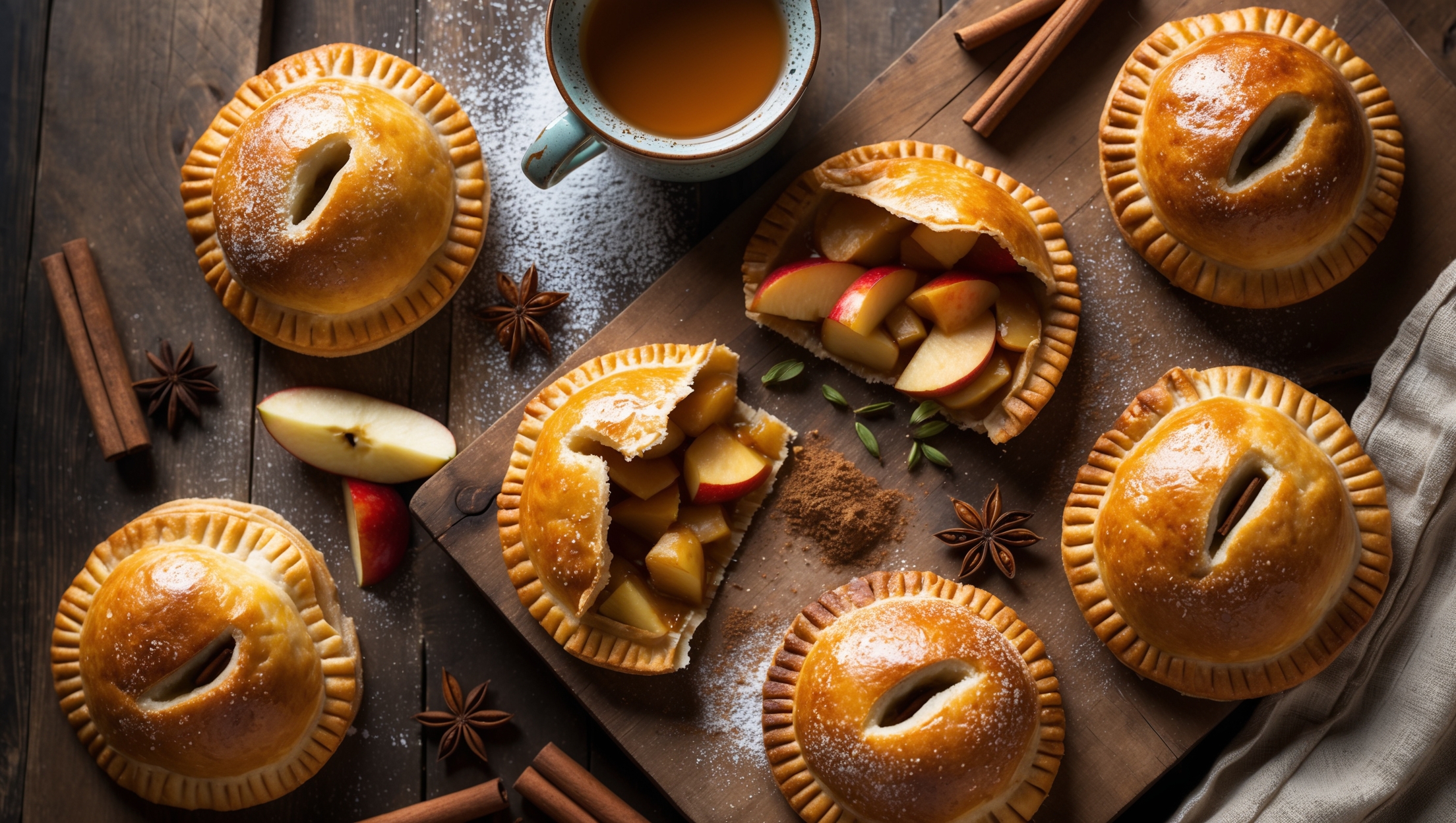 An overhead shot of six golden-brown hand pies arranged on a rustic wooden serving board, with a few pies broken open to reveal the spiced apple filling inside. Soft natural light streams in from a nearby window, highlighting the sugar-speckled, flaky pastry layers and the glistening, cinnamon-hued apple chunks peeking through the steam. A small ceramic cup of chai tea sits nearby, alongside scattered cinnamon sticks, star anise, and cardamom pods that hint at the warming spices within. A light dusting of powdered sugar creates a beautiful contrast against the amber-colored pies, while a vintage linen napkin adds texture to the cozy autumn-inspired scene.