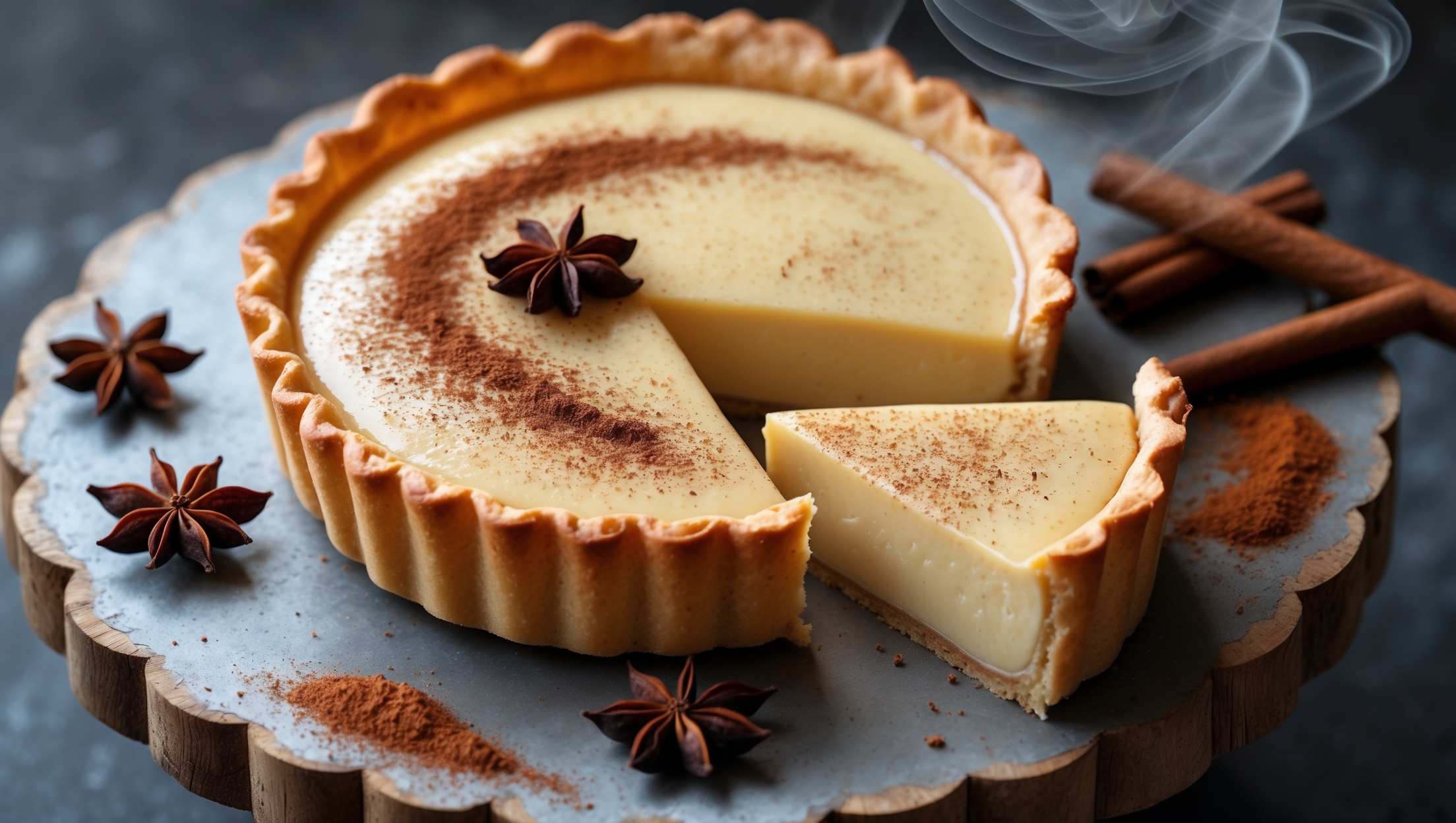 An overhead shot of a perfectly baked chai spiced custard tart on a weathered wooden cake stand, its surface displaying a delicate shimmer under soft natural light. The cross-section reveals a crisp golden pastry shell embracing the silky chai-infused custard, its creamy beige tone speckled with aromatic spices. A light dusting of cinnamon creates a rustic pattern across the top, while star anise and cinnamon sticks artfully arranged nearby hint at the warming flavors within. Steam wisps rise gently, suggesting it's freshly baked, with a slice being lifted to show the perfect clean cut and smooth, set texture of the custard against the flaky crust.