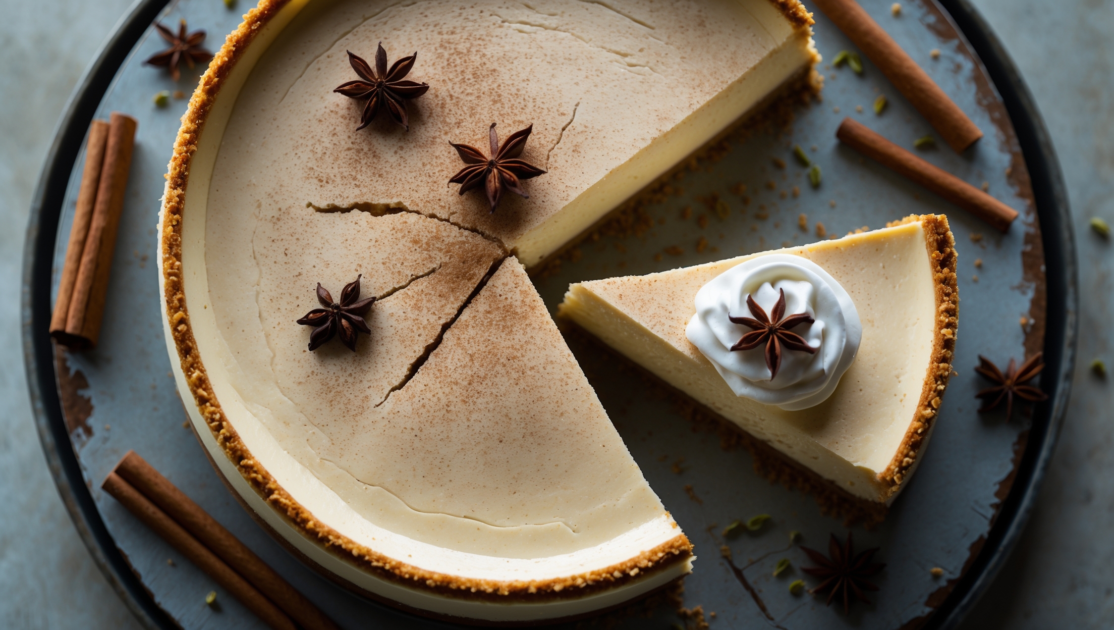 An overhead shot of a perfectly set chai spiced cheesecake with a subtle crack-free surface dusted with cinnamon and star anise. A cross-section reveals a velvety, creamy interior with tiny flecks of spices against a golden graham cracker crust. The cheesecake sits on a weathered wooden cake stand illuminated by soft natural light, with scattered cinnamon sticks, cardamom pods, and star anise artfully arranged around the base. A single slice has been removed, exposing the contrast between the delicate beige filling and the darker spiced crust, while a dollop of lightly whipped cream melts slightly on the cut piece.