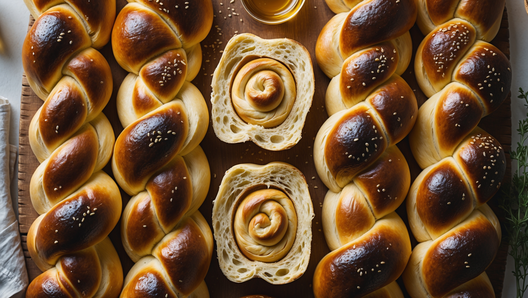 Overhead shot of six perfectly braided challah rolls arranged on a rustic wooden board, their burnished golden-brown crusts gleaming under soft window light. A cross-section view reveals the characteristic swirling pattern of the braided dough and pillowy, yellow-tinged interior. Several rolls are artfully broken open, exposing their tender, slightly stringy crumb structure that demonstrates their perfect pull-apart texture. A light scattering of sesame and poppy seeds adorns some rolls, while others showcase the pure glossy finish of the egg wash. In the background, a linen napkin and small pot of honey suggest serving possibilities, while a sprig of fresh herbs adds a touch of color contrast against the warm amber tones of the bread.