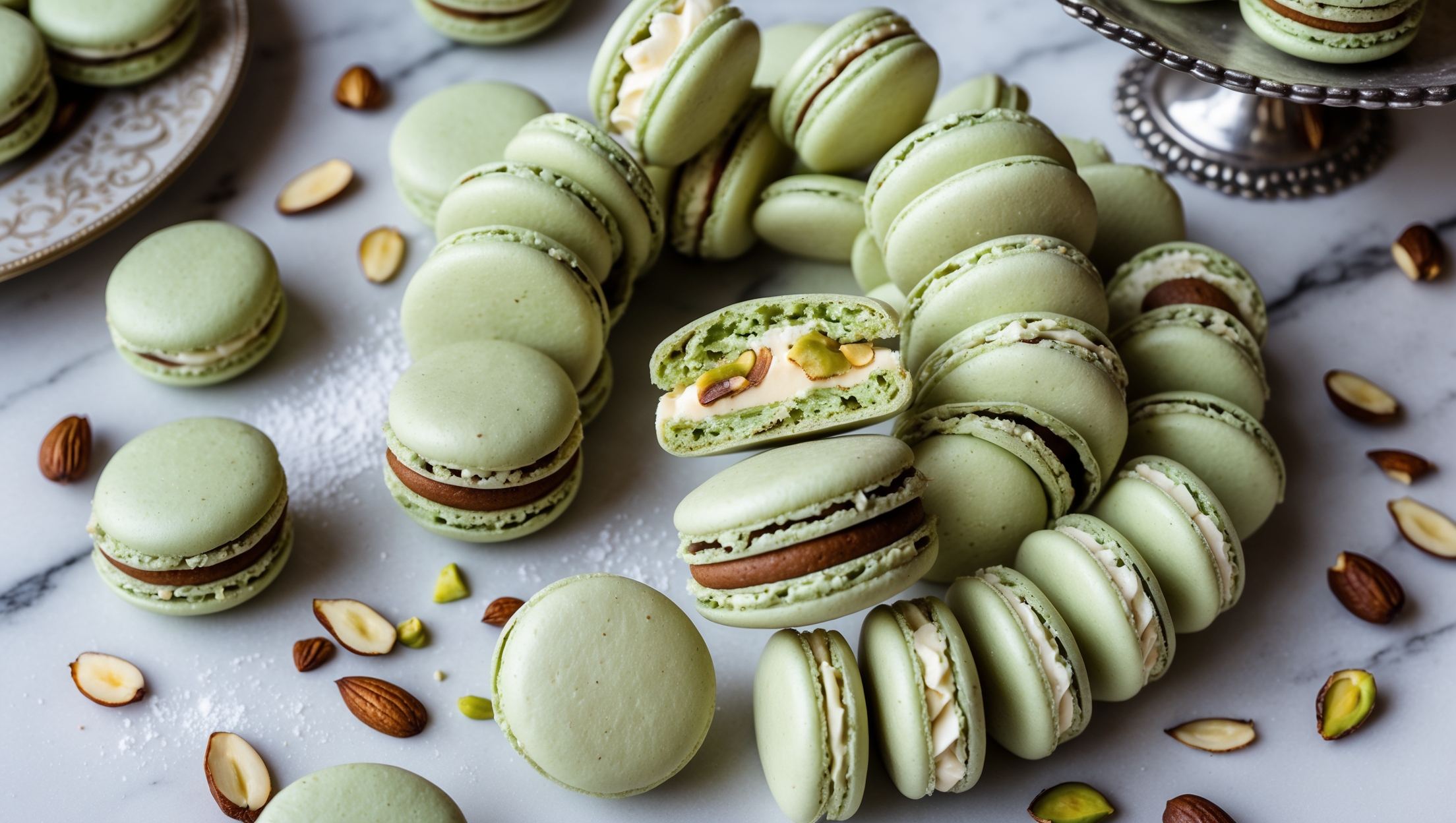 An overhead shot of perfectly formed macarons arranged in a spiral pattern on a white marble surface, showcasing their smooth domed tops and ruffled "feet." Soft natural light highlights their delicate shell texture while emphasizing the subtle green tint from the pistachio flour. Several macarons are cut in half, revealing chewy interiors and a contrasting vanilla bean buttercream filling. Scattered nuts—slivered almonds, chopped hazelnuts, and pistachios—frame the composition, while a vintage silver cake stand in the background holds an additional stack. A sprinkling of confectioners' sugar adds dimension and a touch of elegance to these sophisticated French delicacies.