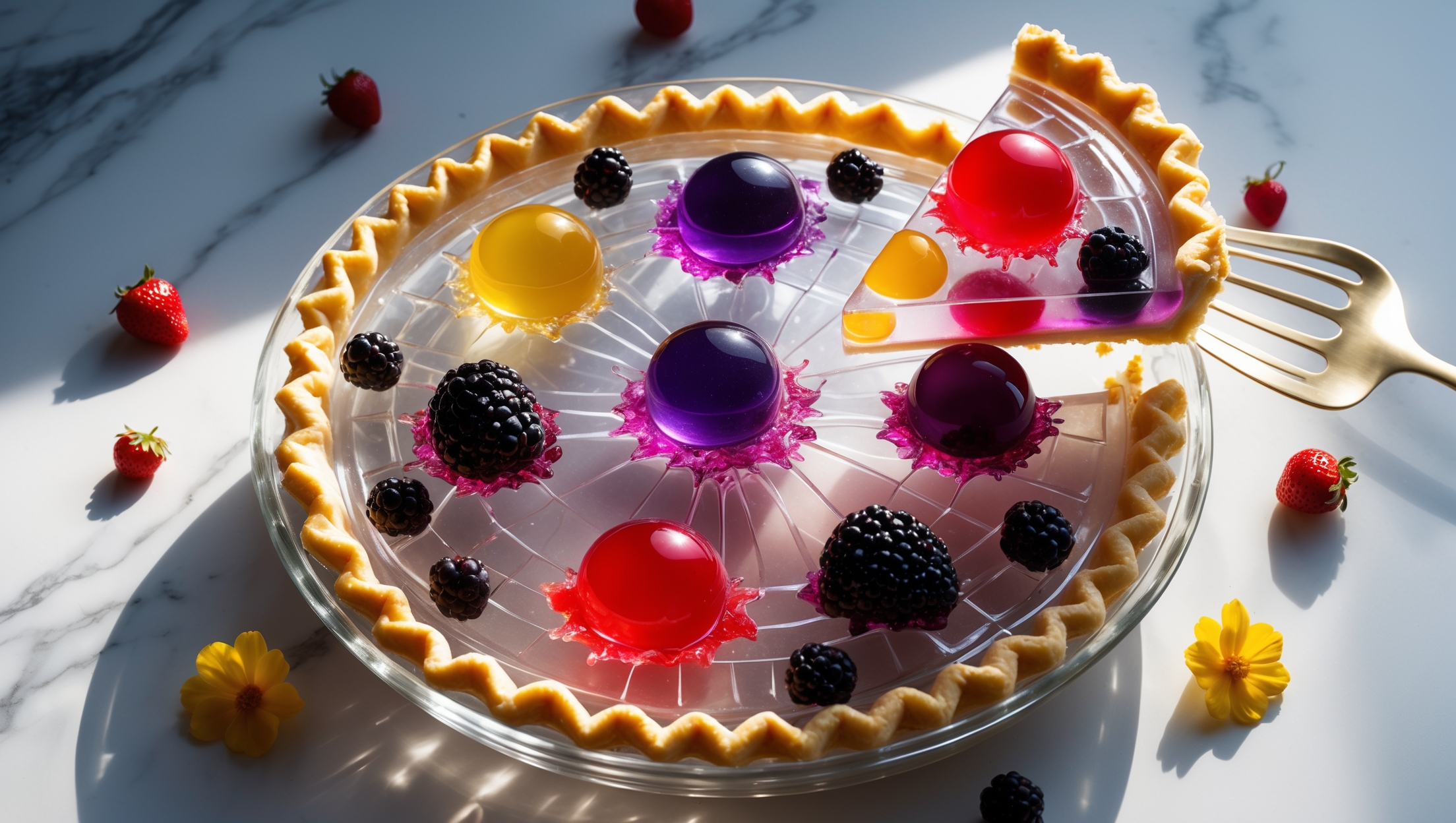 An overhead shot of a crystal-clear pie with vibrant jewel-like spheres of red strawberry, purple blackberry, and golden mango gels suspended throughout the transparent filling. Natural light streams through the pie, creating a prism effect against a white marble surface. A slice being removed reveals the perfect suspension of the spheres within the gel, with one sphere bursting onto the plate, releasing its concentrated fruit essence. The golden lattice crust frames the transparent masterpiece, with fresh berries and edible flowers scattered artfully around the pie stand for color contrast and context.