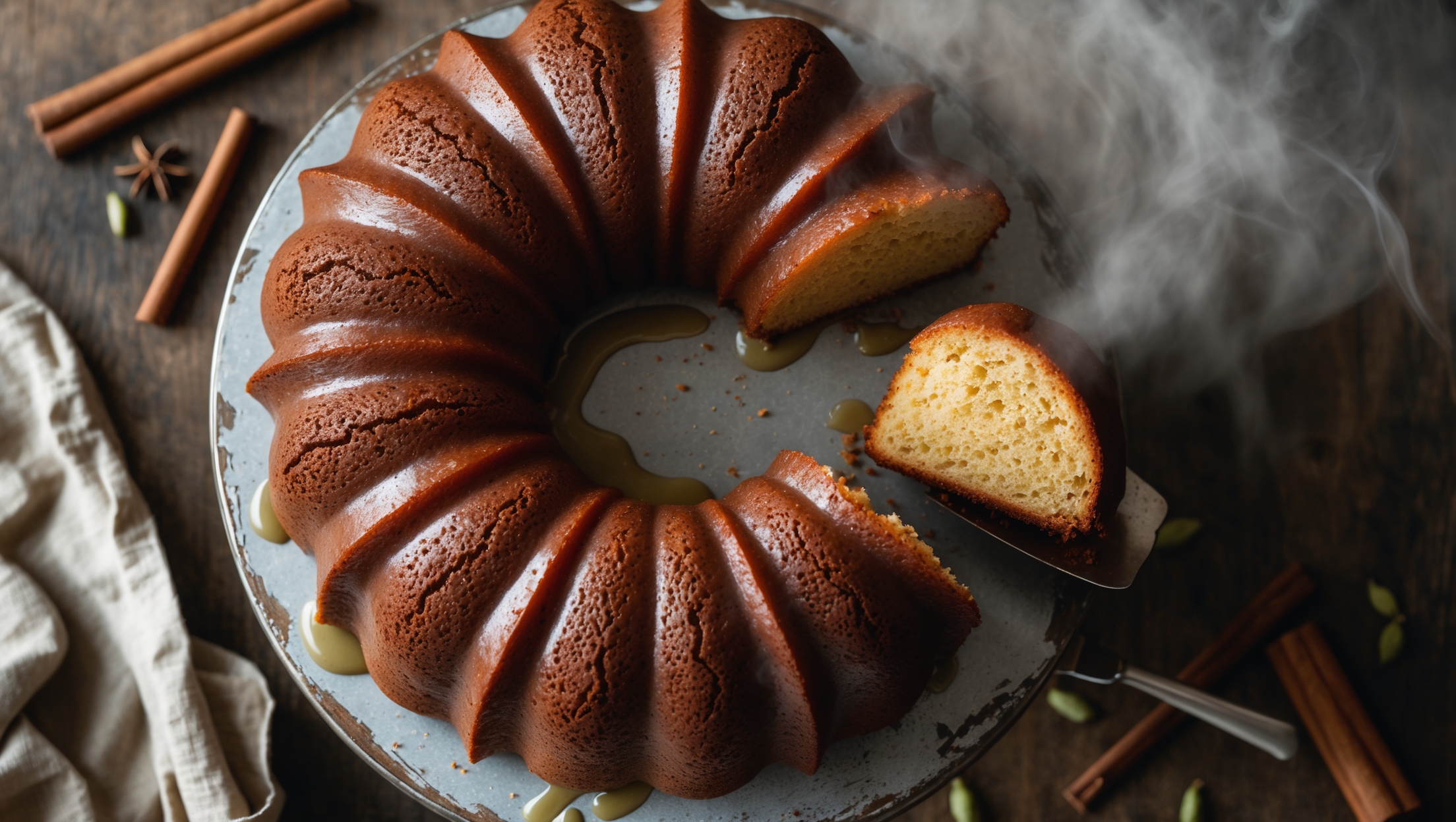 An overhead shot of a perfectly baked Spice Bundt cake with its signature ridged design catching light and shadow, photographed in soft natural light on a weathered wooden cake stand. The cake displays a rich, golden-brown crust with deep crevices showcasing its moist, tender crumb. A translucent vanilla glaze cascades down the curves, pooling delicately at the base. Scattered cinnamon sticks, star anise, and cardamom pods frame the composition, while a slice being removed reveals the cake's warm spice-flecked interior. Steam rises gently, suggesting it's freshly baked, with the ambient styling of a rustic farmhouse kitchen table and vintage linen napkins in muted earth tones.