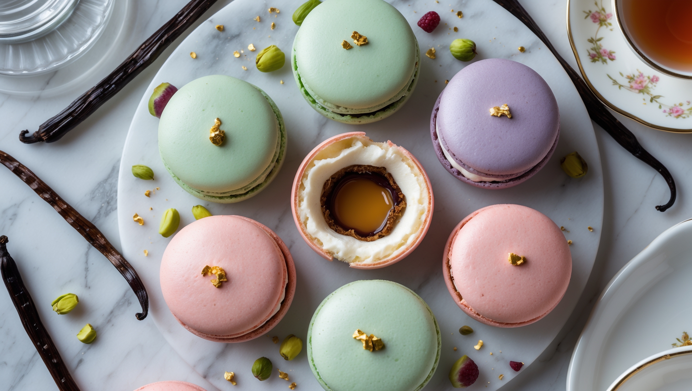 An overhead shot showcasing six perfectly formed sphere macarons arranged in a circular pattern on a white marble surface. The macarons display vibrant pastel colors—lavender, mint green, and pale pink—with smooth, glossy surfaces catching the soft natural light streaming through a nearby window. A cross-section of one macaron reveals its delicate, airy interior and the dramatic moment of the liquid filling beginning to flow outward. Small edible gold flakes adorn the tops of each sphere, while scattered ingredients like vanilla beans, fresh berries, and pistachio crumbs surround the composition. A clear glass teapot and delicate porcelain cup sit at the edge of the frame, suggesting these are the perfect accompaniment for an elegant afternoon tea setting.