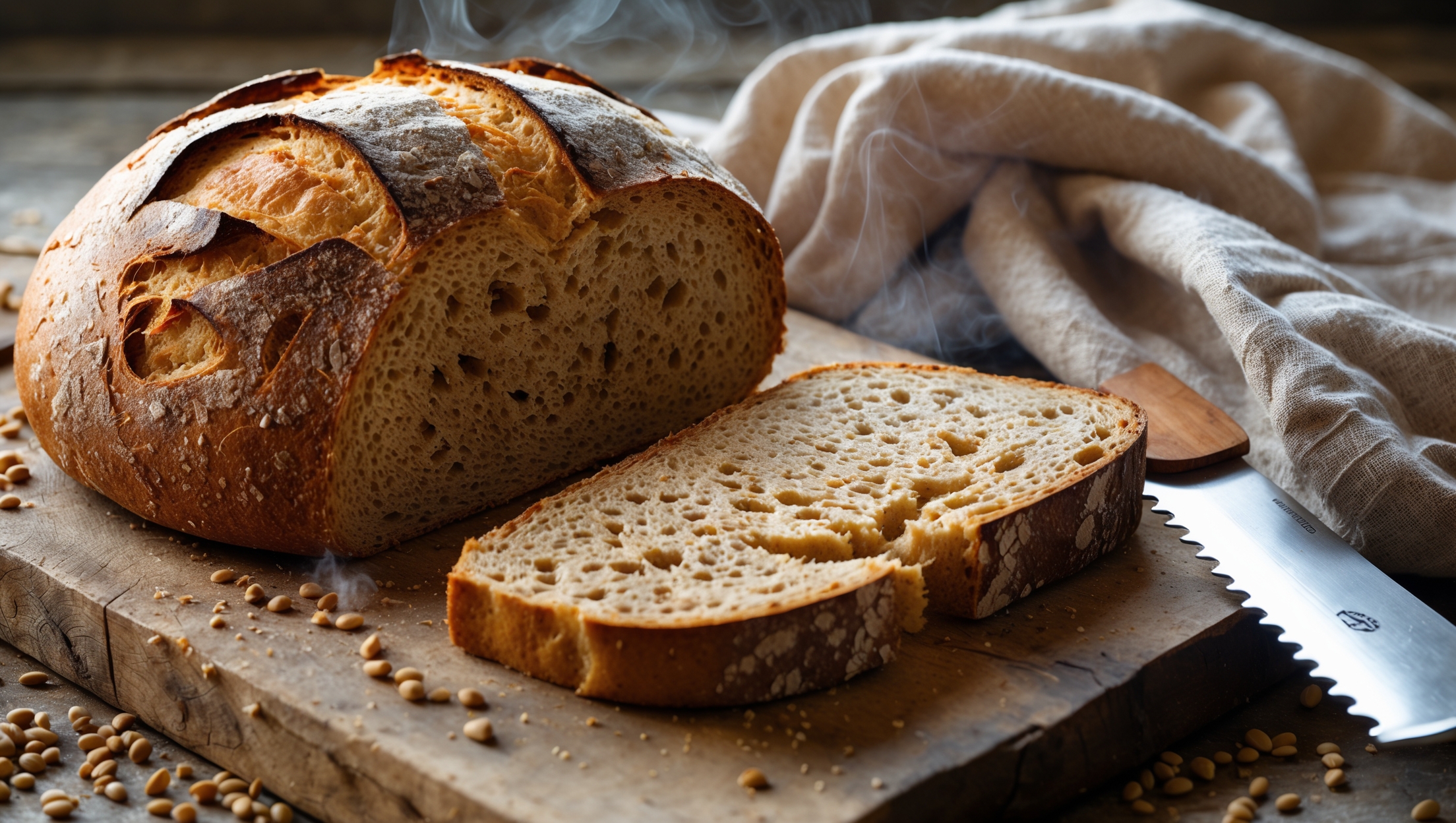 A freshly baked spelt loaf captured from a 45-degree angle, showcasing its golden-brown domed crust with natural cracks and splits. Shot in soft morning light that highlights the bread's rustic texture and deep amber tones. The cross-section reveals a medium-dense crumb structure with small, irregular air pockets throughout. Styled on a worn wooden cutting board with scattered spelt grains and a linen tea towel in muted earth tones. A serrated knife rests alongside with a slice already cut, revealing the bread's nutty interior that contrasts beautifully with the crust. Steam gently rises from the freshly cut surface, suggesting warmth and freshness.