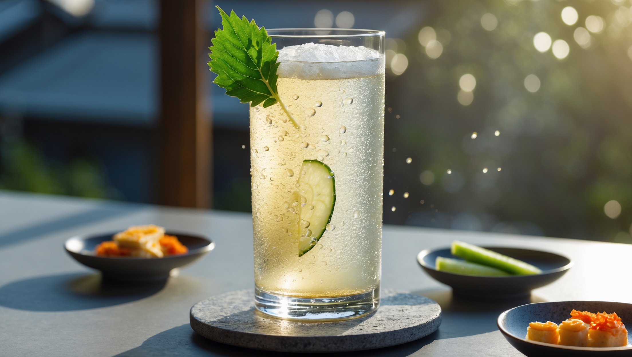 An elegant highball glass filled with ice captures the crystalline clarity of this Sparkling Sake Spritz, where delicate bubbles rise continuously through the pale straw-colored liquid. Golden afternoon light streams through the glass, highlighting the drink's subtle iridescence and the glistening droplets of condensation on the exterior. A thin slice of cucumber and a sprig of fresh shiso leaf garnish lean artfully against the rim, creating a striking visual contrast with their vibrant greens. The drink sits on a minimalist stone coaster, surrounded by small dishes of traditional Japanese snacks, emphasizing its authentic fusion concept and perfect pairing potential.