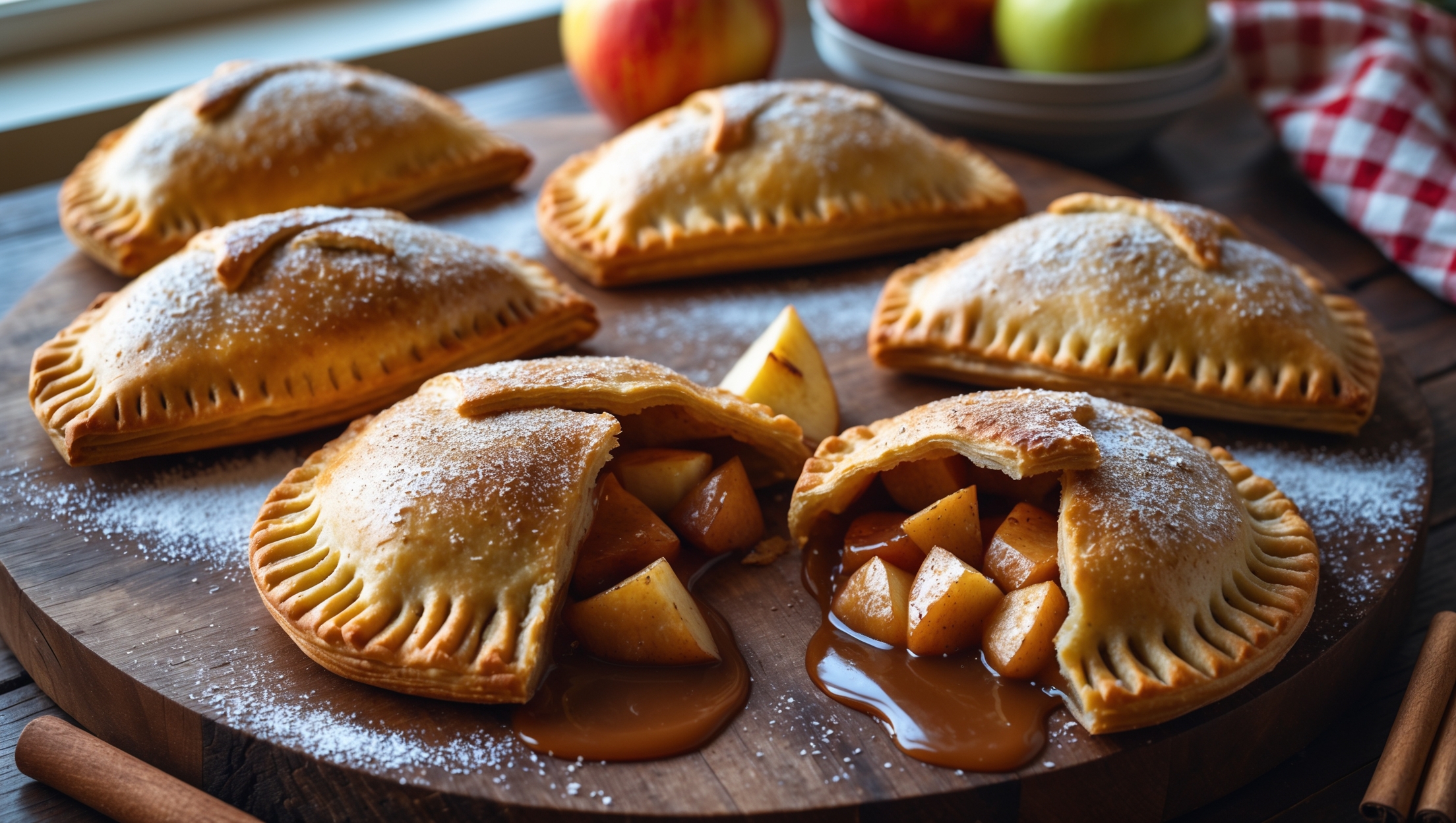 A rustic wooden board displays six golden-brown Spiced Apple Hand Pies arranged in a casual, inviting pattern. The half-moon pastries glisten with sprinkled demerara sugar that catches the soft afternoon light streaming through a nearby window. One pie is broken open, revealing the tender chunks of cinnamon-flecked apples in their thick, caramel-like sauce that gently oozes onto the board. Steam whispers from the exposed filling, while a light dusting of powdered sugar creates a delicate contrast against the deeply browned, flaky pastry edges. In the background, a small bowl of fresh apples and cinnamon sticks provides context, while a checkered tea towel adds a homey touch to this autumn-inspired scene.