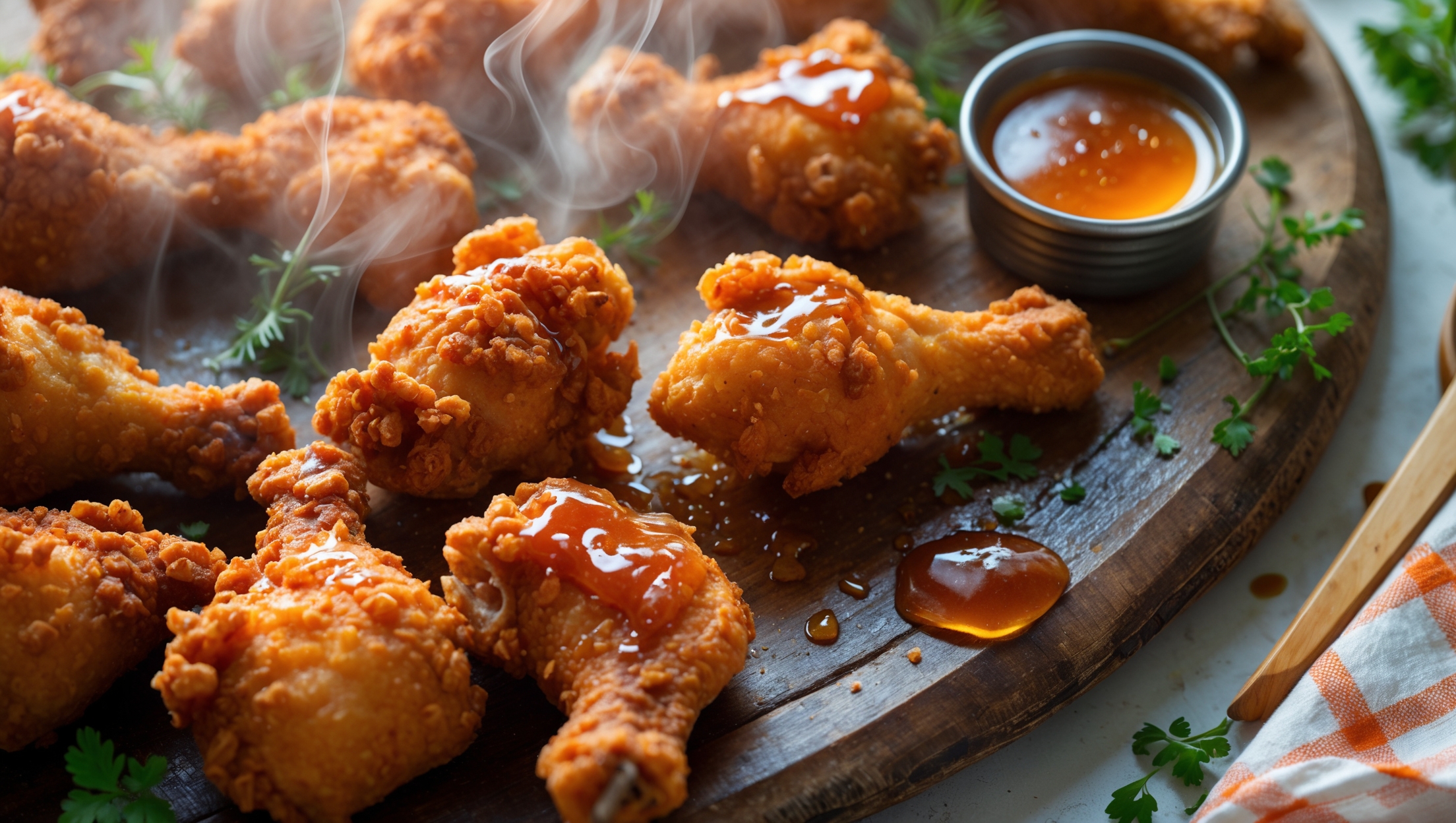 An overhead shot of golden-brown fried chicken pieces glistening with honey butter glaze, arranged on a rustic wooden serving board. The close-up reveals a perfect contrast between the crunchy, craggly exterior and tender, juicy meat beneath. A small pot of extra spicy honey butter sauce sits nearby for dipping, its warm amber color catching the soft natural light streaming through a kitchen window. Fresh herbs are scattered around the board, while a checkered napkin and wooden tongs complete the homestyle presentation. Steam rises subtly from the freshly fried pieces, emphasizing their hot-from-the-fryer appeal and aromatic spice blend.